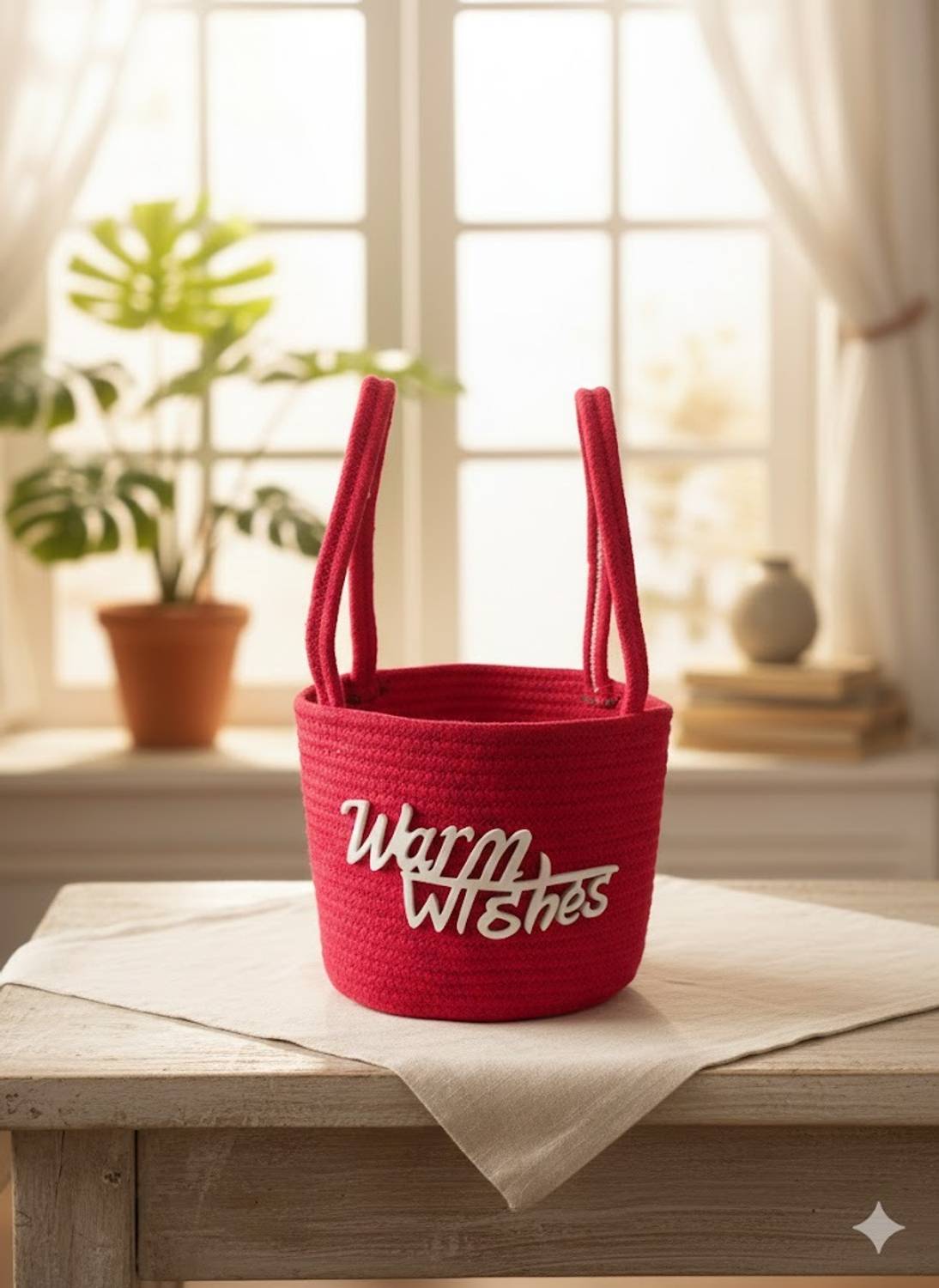 Avigo red, woven basket are "Warm Wishes". Jute Fruit & Vegetable Basket