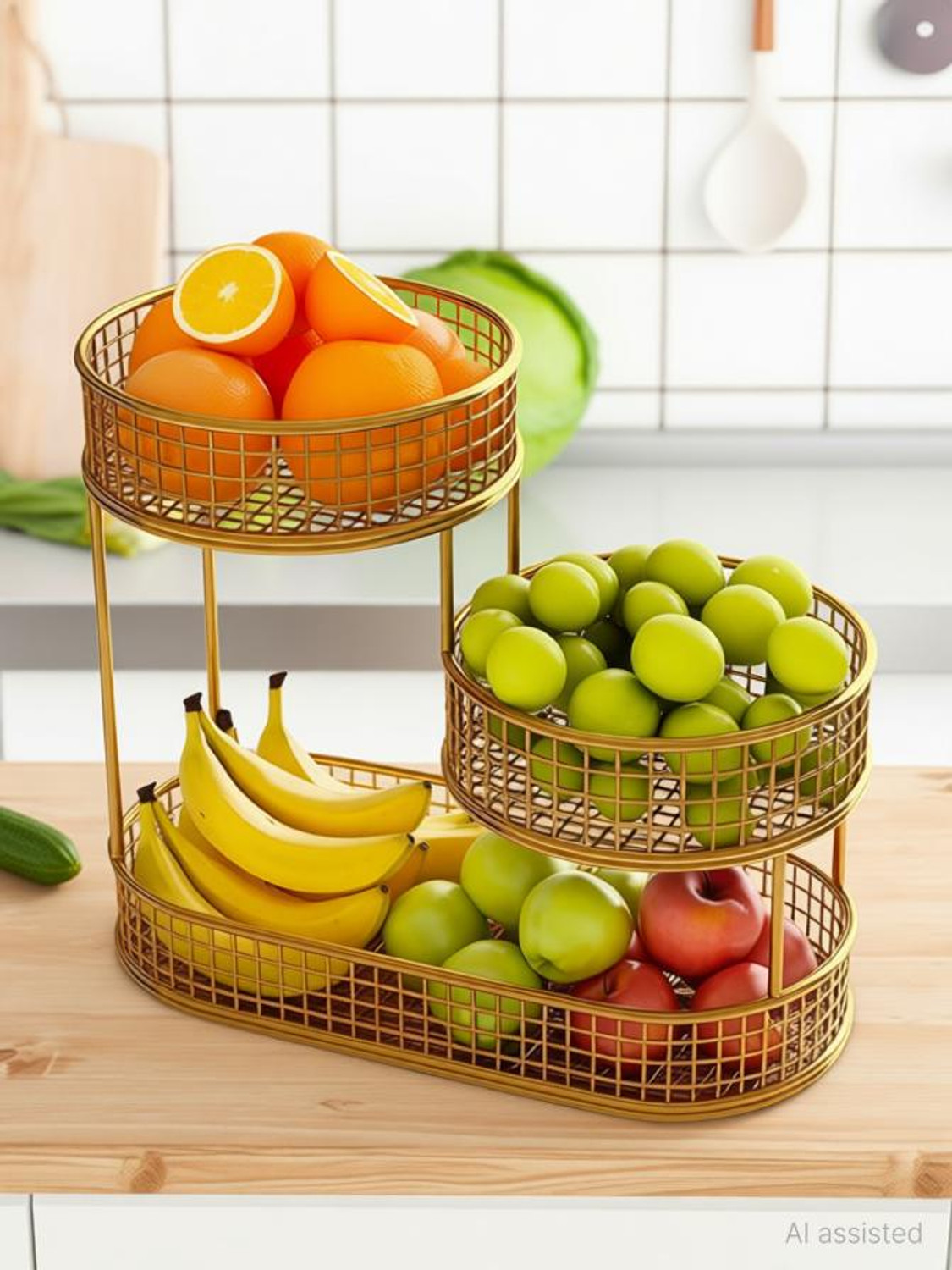 Image of GRADIENT ART 3-Tier Gold Metal Fruit & Vegetable Basket Stand Iron Fruit & Vegetable Basket