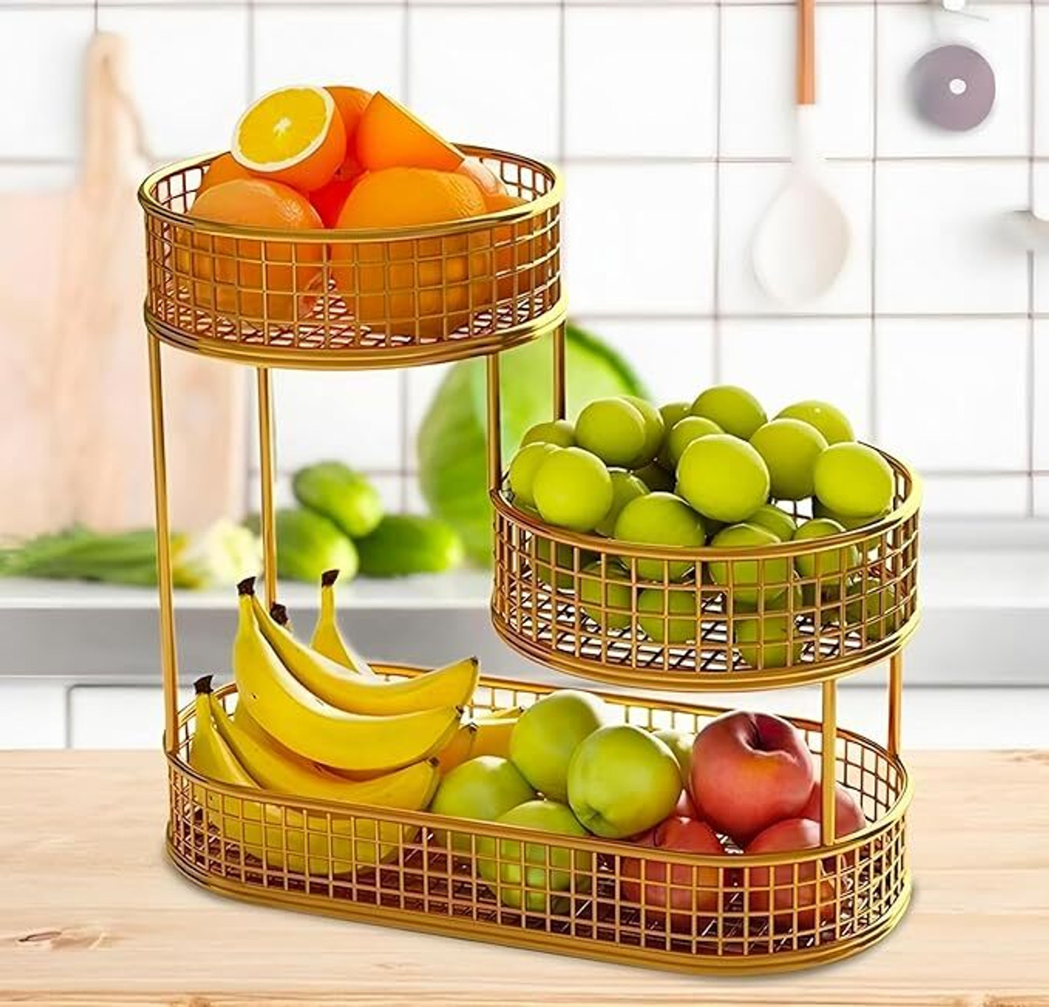 Image of GRADIENT ART 3-Tier Gold Metal Fruit & Vegetable Basket Stand Iron Fruit & Vegetable Basket