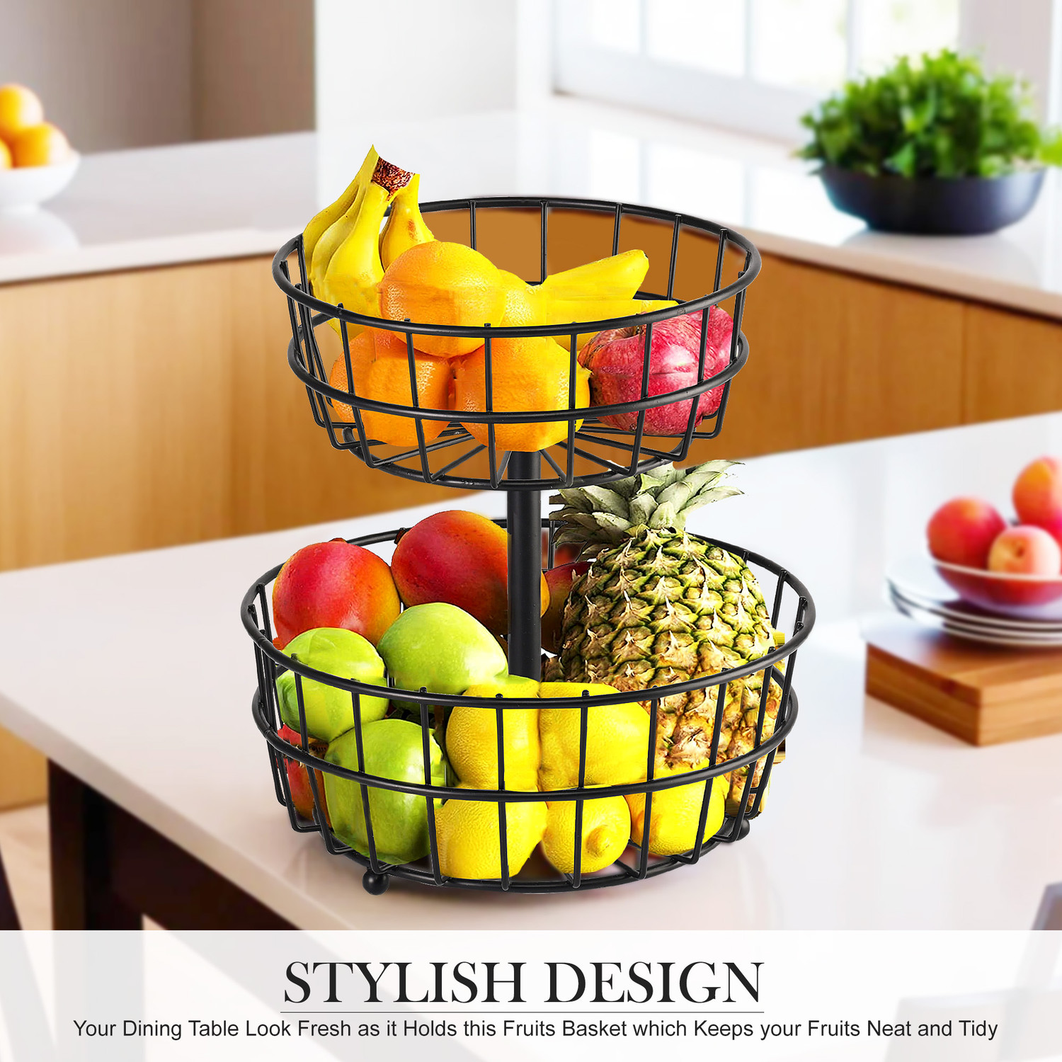 Image of KUBER INDUSTRIES Pack of 2 Metal 2-Layer Storage Basket & Circular Countertop Side Stand | Black Iron Fruit & Vegetable Basket