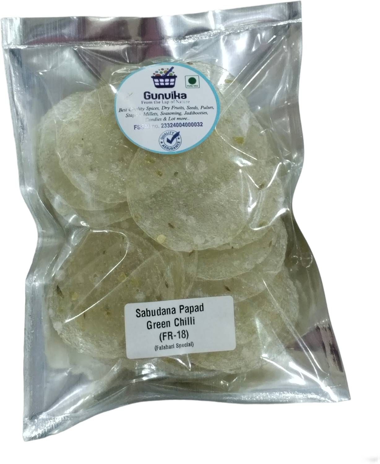 Gunvika Sabudana,Sago Papad Green Chilli Gluten-Free & Upwas-Friendly TapiocaPapadsFr-18 Fryums