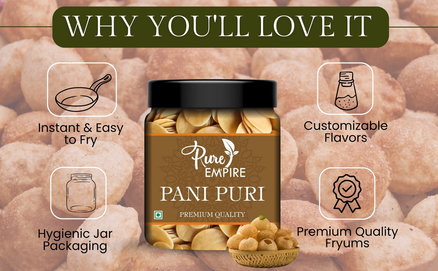 Image of Pure Empire Ready To Fry Dry GolGappa /Pani Puri /Oval Papad Fryums Fryums
