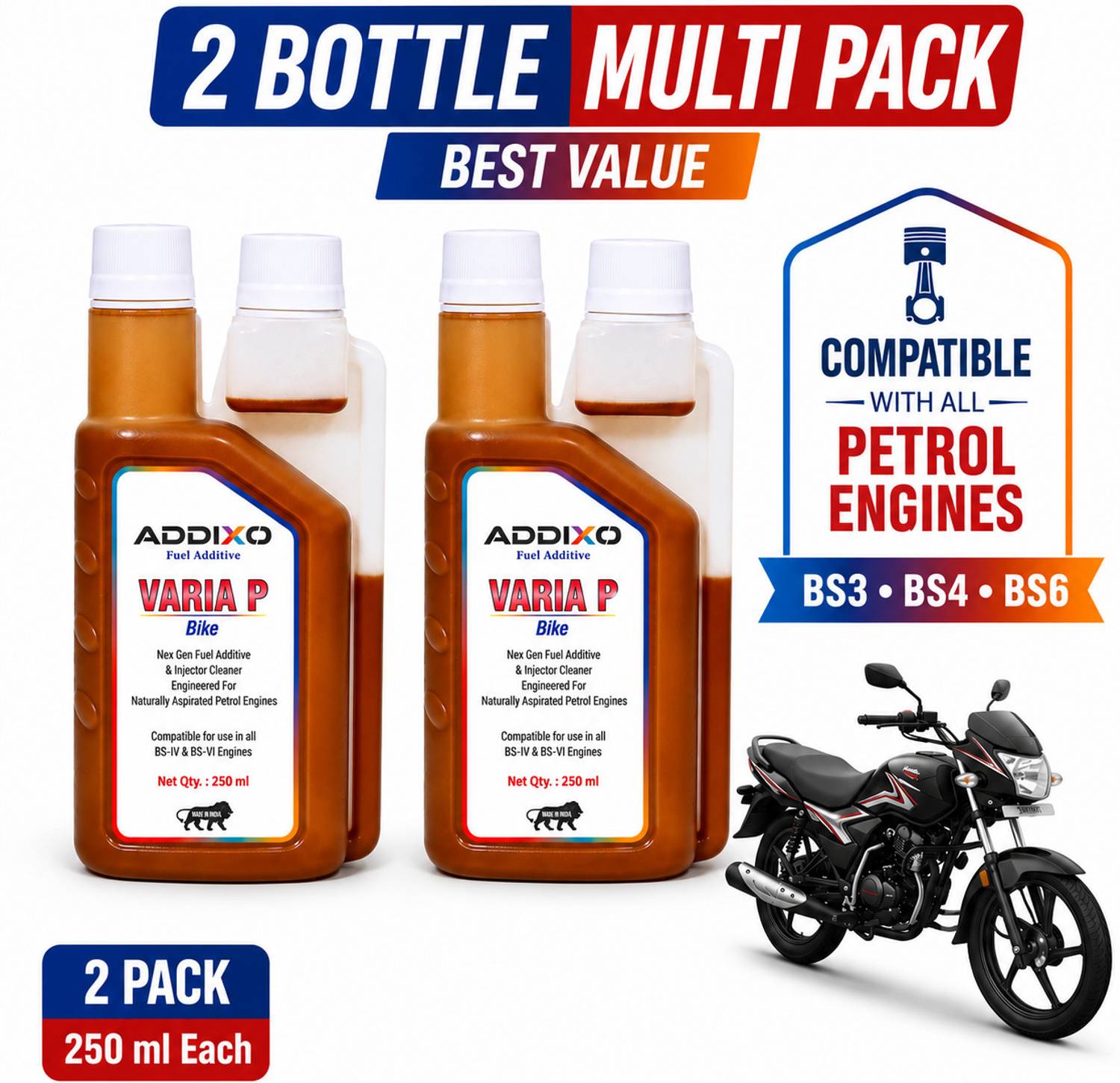 Addixo Varia P Petrol Additive & Injector Cleaner for Bikes (2x250 ml) Fuel Injector Cleaner