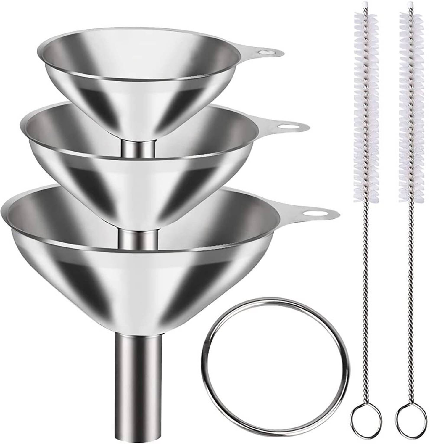 Akshify Food-grade steel funnels for kitchen, oil, water. Includes 2 cleaning brushes Stainless Steel Funnel