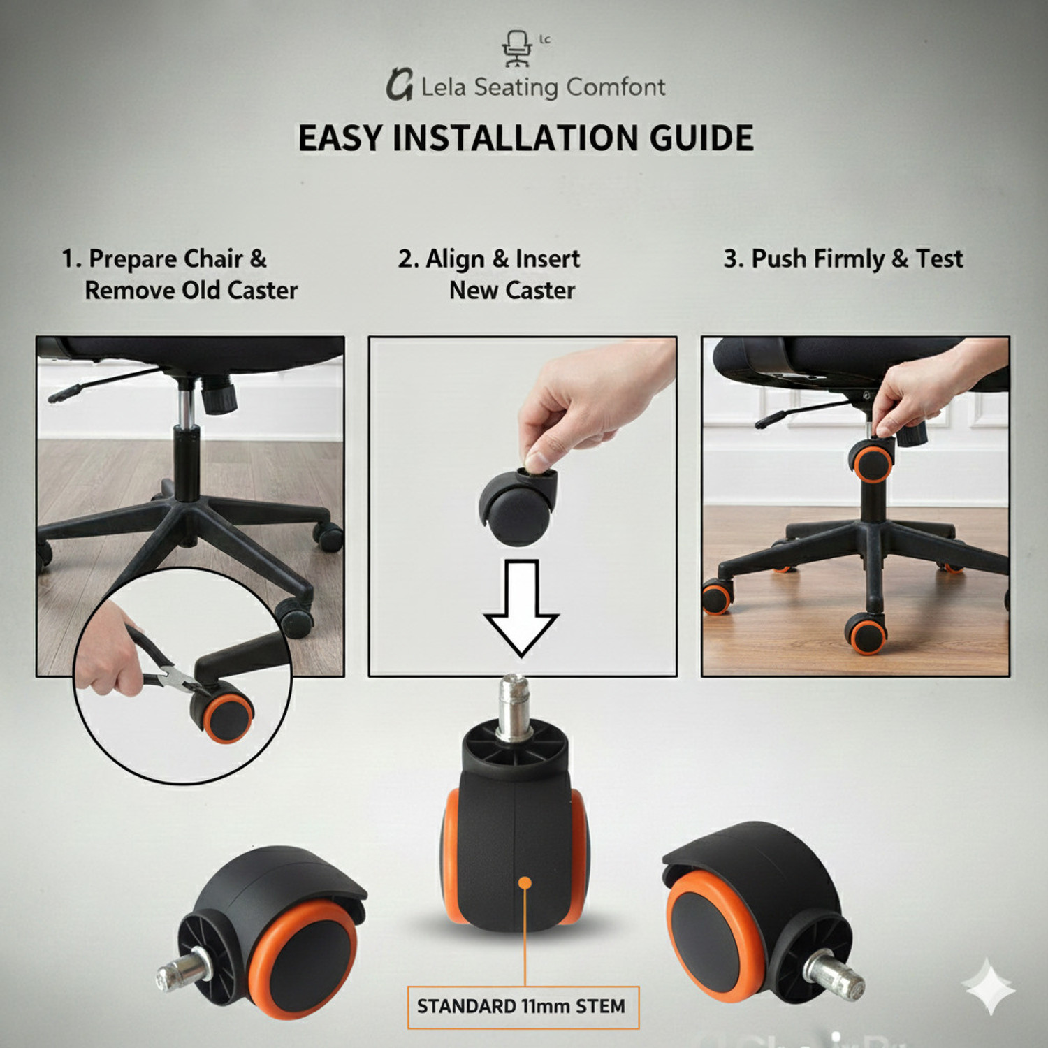 Image of MAKEFIRE Heavy Duty 5-Star Polished Metal Office Chair Replacement Base with Orange Wheel Bar Stool Base