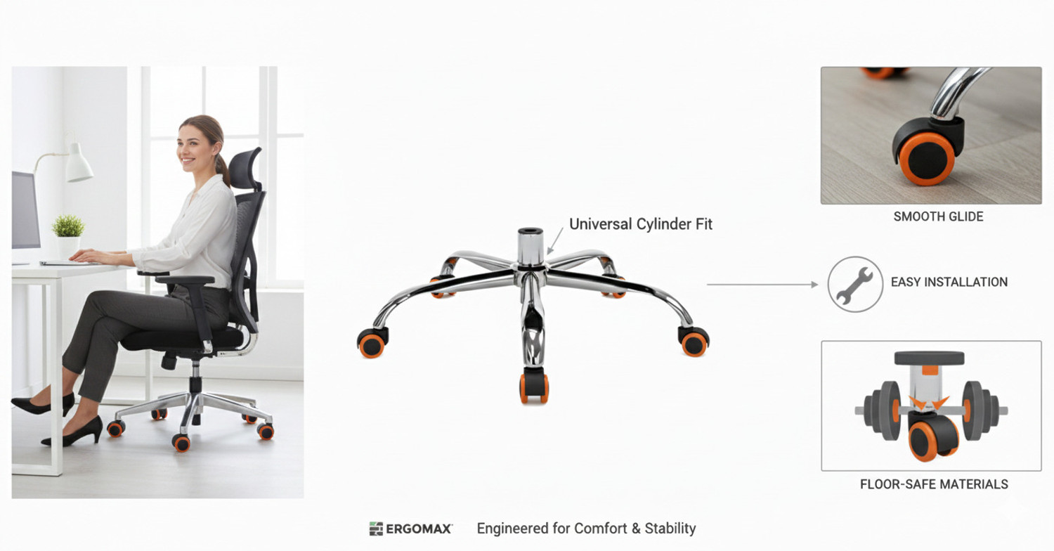 Image of MAKEFIRE Heavy Duty 5-Star Polished Metal Office Chair Replacement Base with Orange Wheel Bar Stool Base