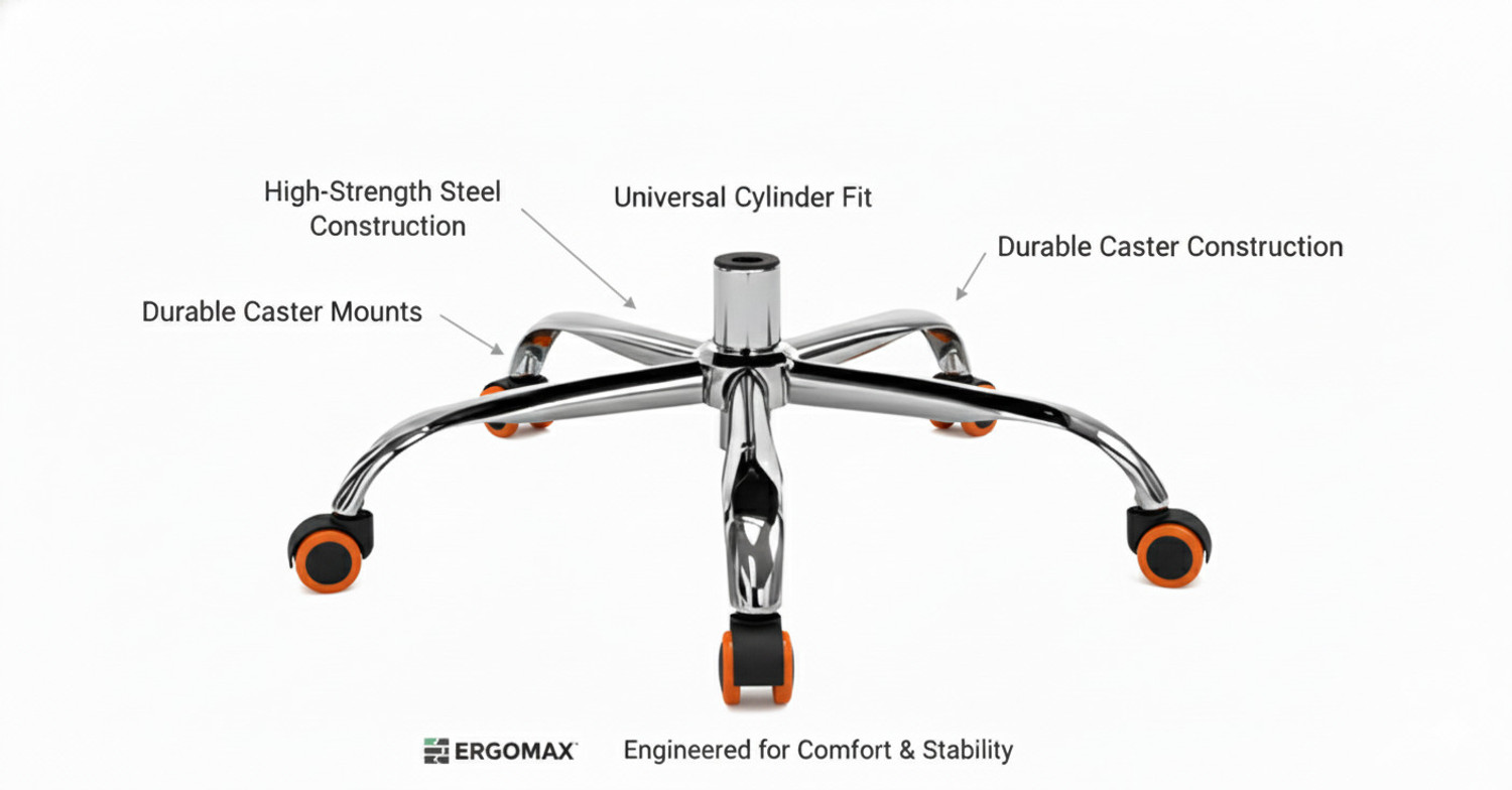 Image of MAKEFIRE Heavy Duty 5-Star Polished Metal Office Chair Replacement Base with Orange Wheel Bar Stool Base