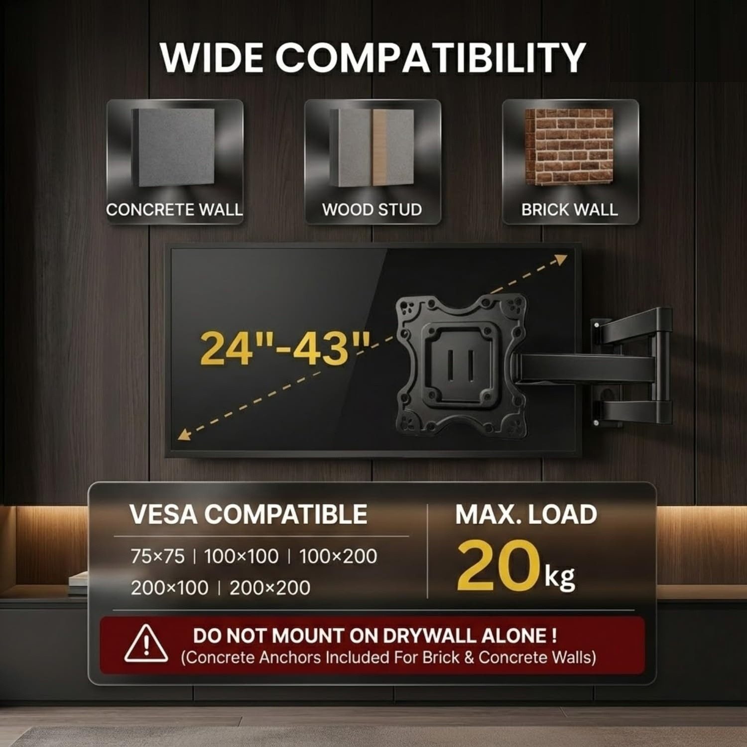 Image of merugni merugni Movable TV WallMount 32-43 Inch Adjustable Heavy Duty for LED|LCD|Smart TV Stand Base