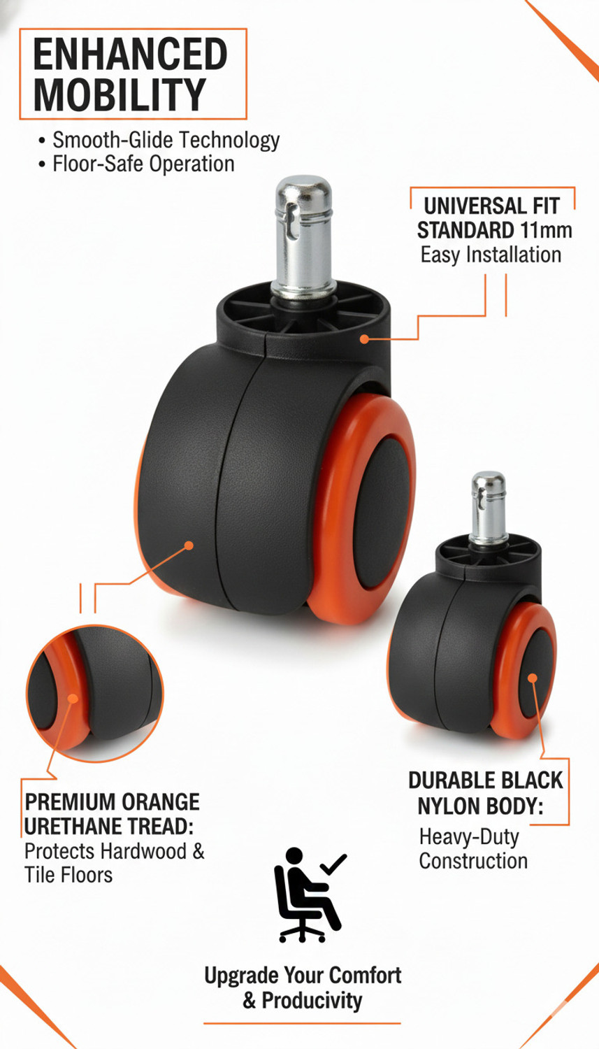 Image of MAKEFIRE Heavy Duty 5-Star Polished Metal Office Chair Replacement Base with Orange Wheel Bar Stool Base
