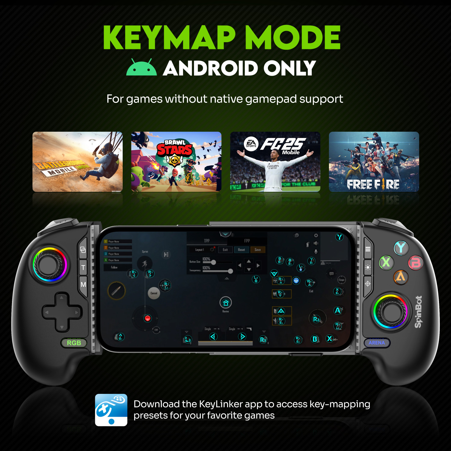 Image of SpinBot Arcade Smartphone Game Controller|Dual Vibration|Hall Effect|RGB Light|Bluetooth Bluetooth Gamepad