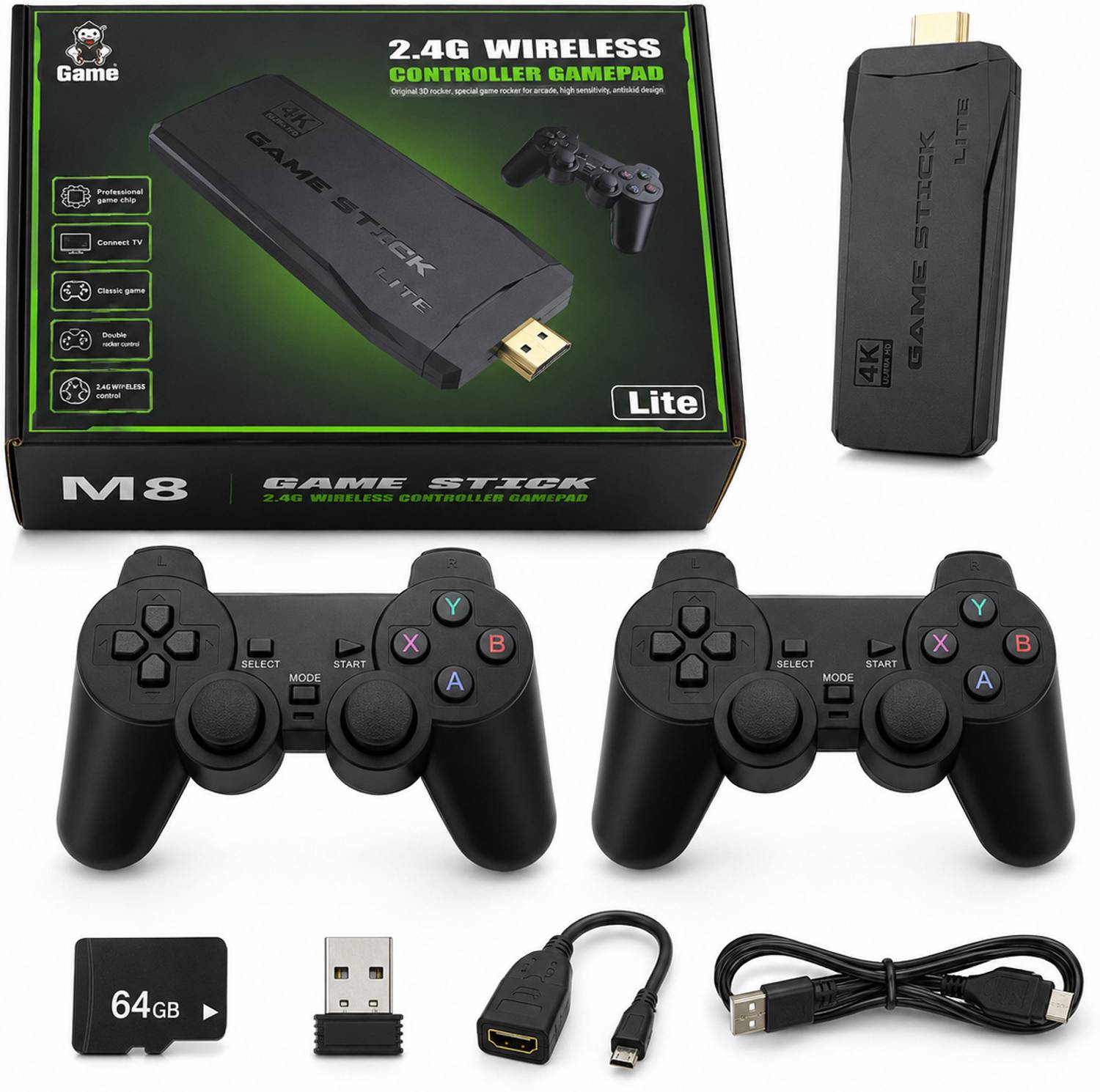 GAMIVOX M8 4K Ultra HD Retro HDMI Game Stick 64GB Dual Wireless Controller USB Gamepad