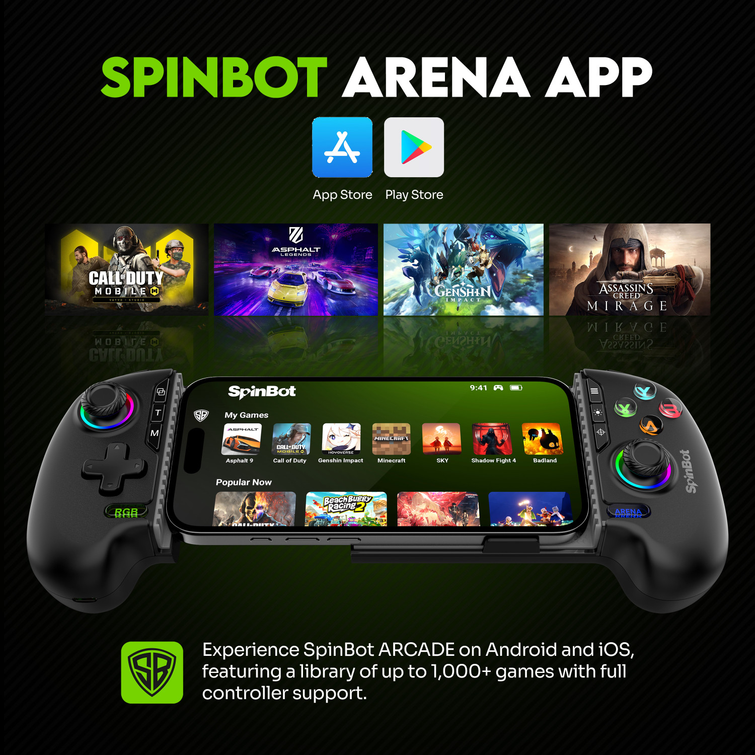 Image of SpinBot Arcade Smartphone Game Controller|Dual Vibration|Hall Effect|RGB Light|Bluetooth Bluetooth Gamepad
