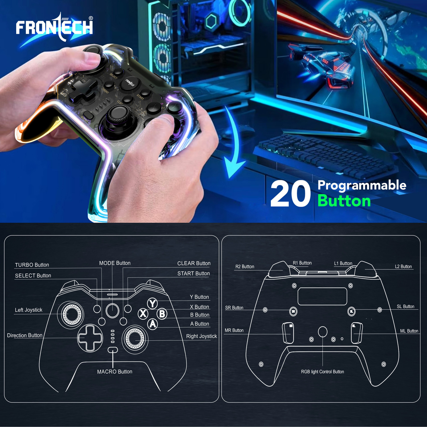 Image of Frontech Fire Pro Wireless 2.4GHz Gaming Controller| Dual Vibration Motors| RGB (GP-0002) USB Gamepad