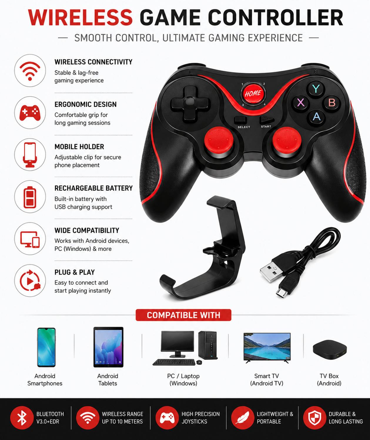 MTK X3 Wireless Bluetooth Game Controller with Mobile Holder - Image 3