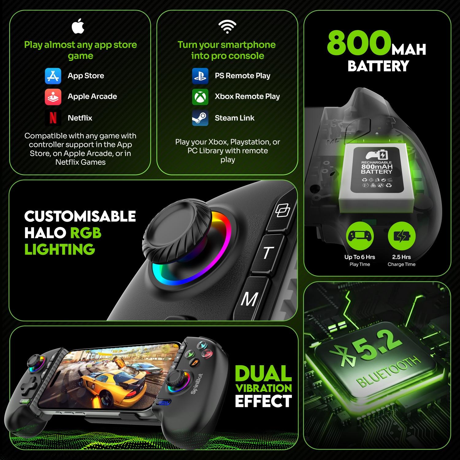Image of SpinBot Arcade Smartphone Game Controller|Dual Vibration|Hall Effect|RGB Light|Bluetooth Bluetooth Gamepad