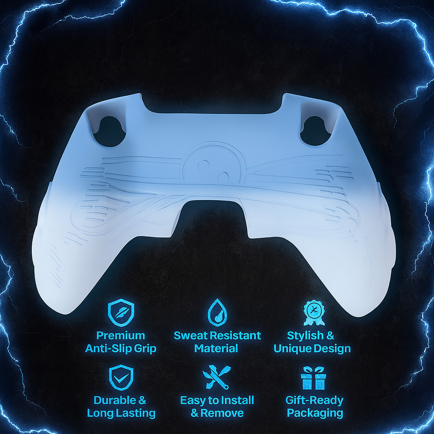 Image of DEADSKULL Thunder Edition Blue & White Silicone Controller Sleeve + White FPS Thumbstick Gaming Accessory Kit