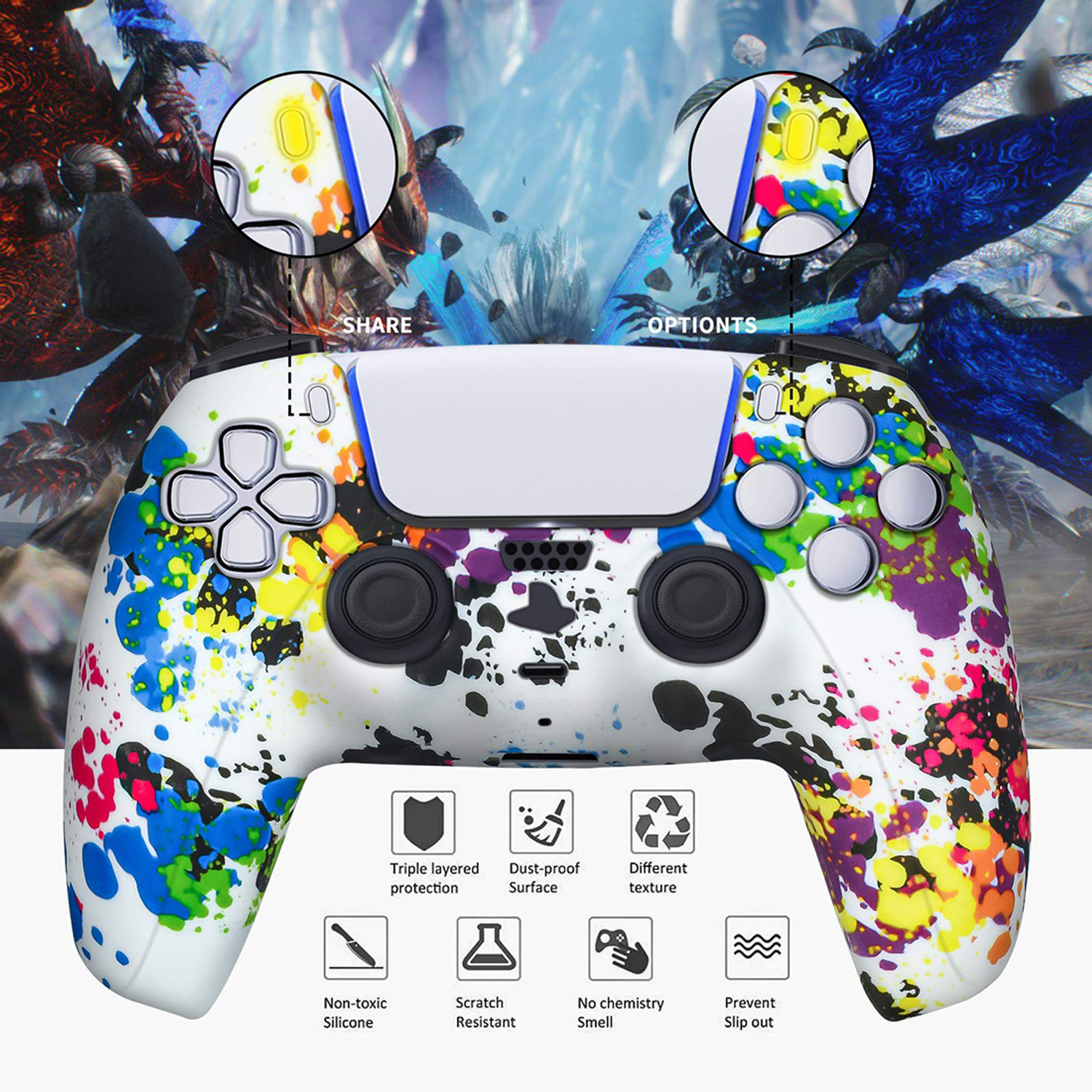 Image of OIVO INDIA Multicolor Silicone Controller Sleeve with Thumb Grip Caps, Anti-Slip Gaming Accessory Kit