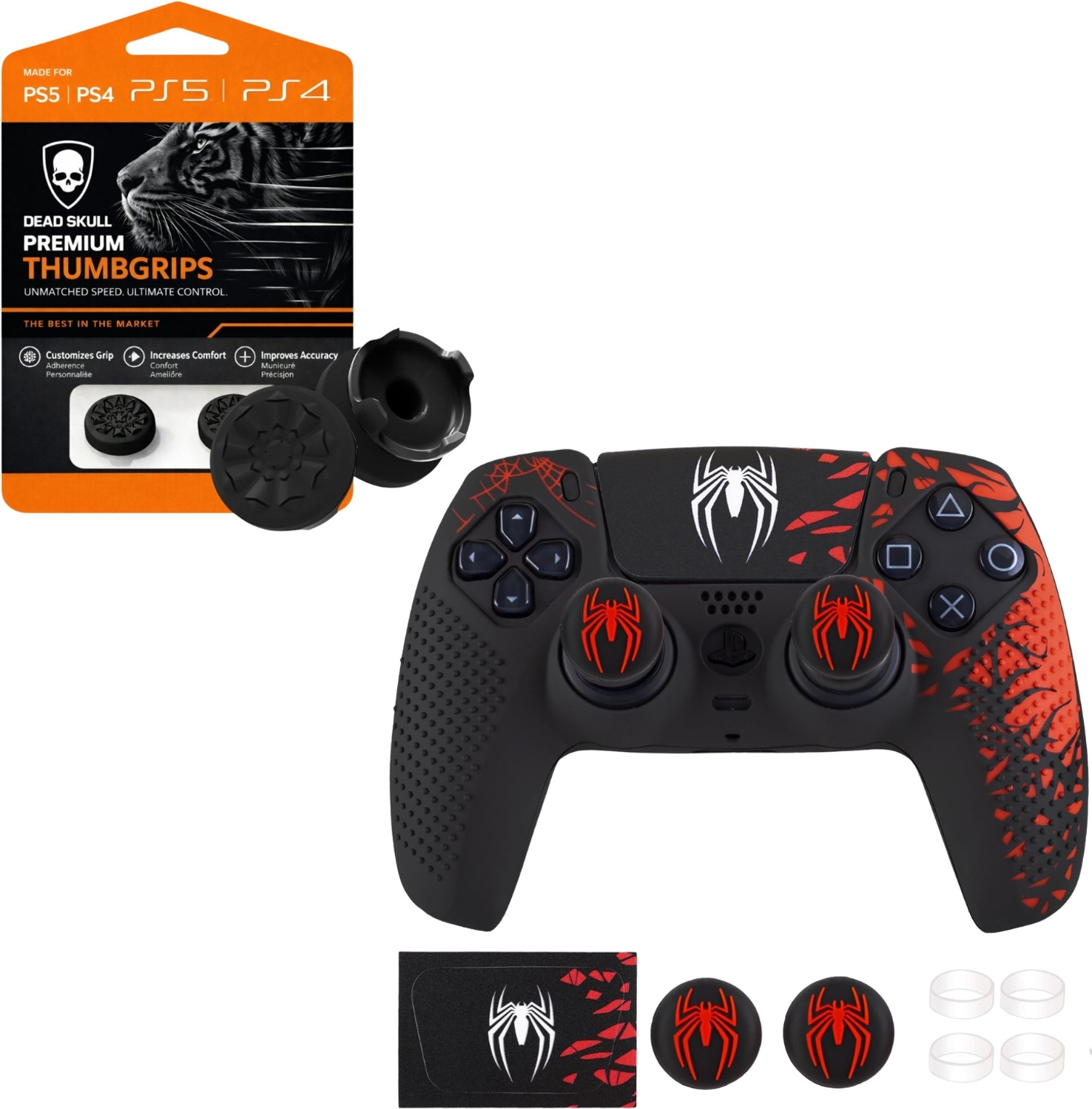 Image of DEADSKULL Spidy Edition Red & Black Silicone Controller Sleeve + FPS Black Thumb Grip Gaming Accessory Kit