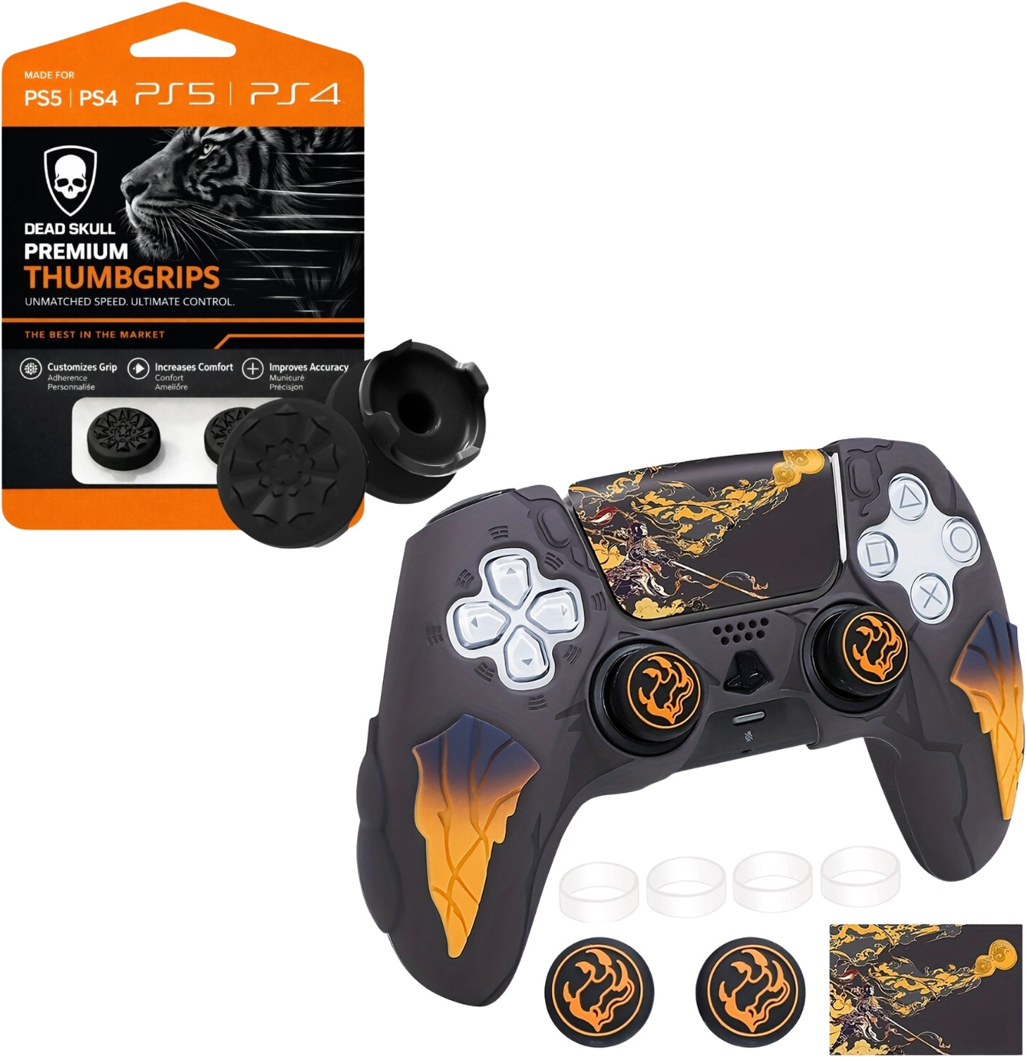 Image of DEADSKULL Thunder Edition Black & White Silicone Controller Sleeve + Black FPS Thumbstick Gaming Accessory Kit