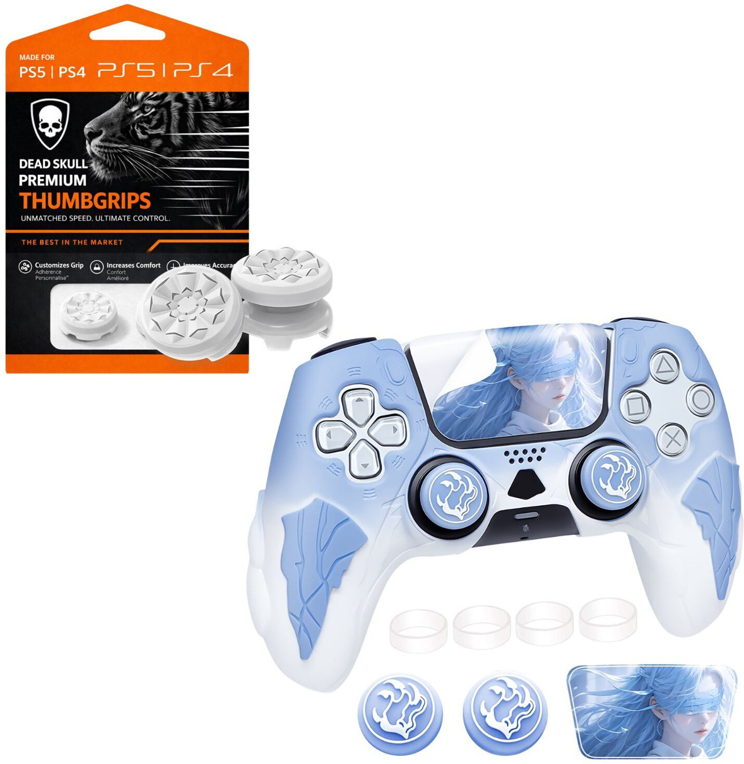 Image of DEADSKULL Thunder Edition Blue & White Silicone Controller Sleeve + White FPS Thumbstick Gaming Accessory Kit