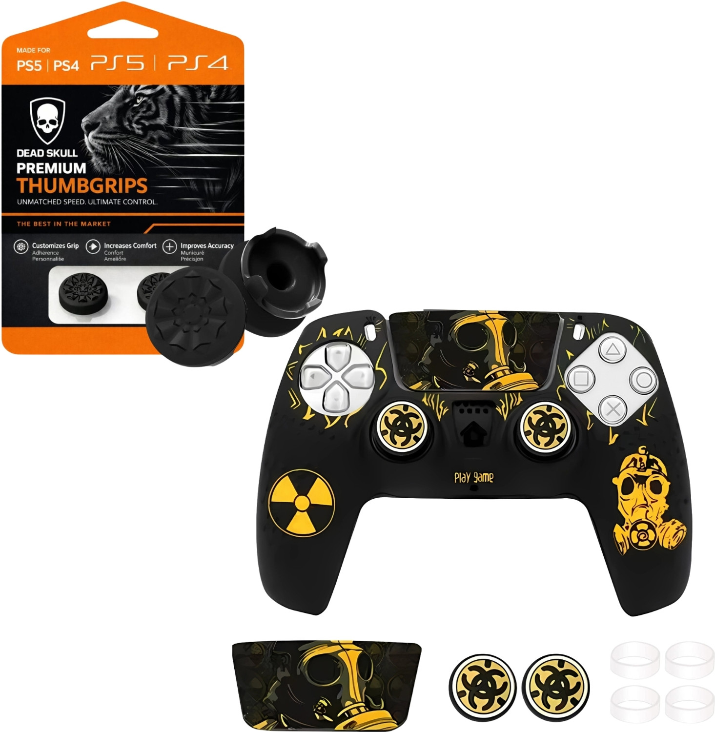Image of DEADSKULL Black & Yellow Silicone Controller Sleeve with Black FPS Thumb Grip Caps Gaming Accessory Kit