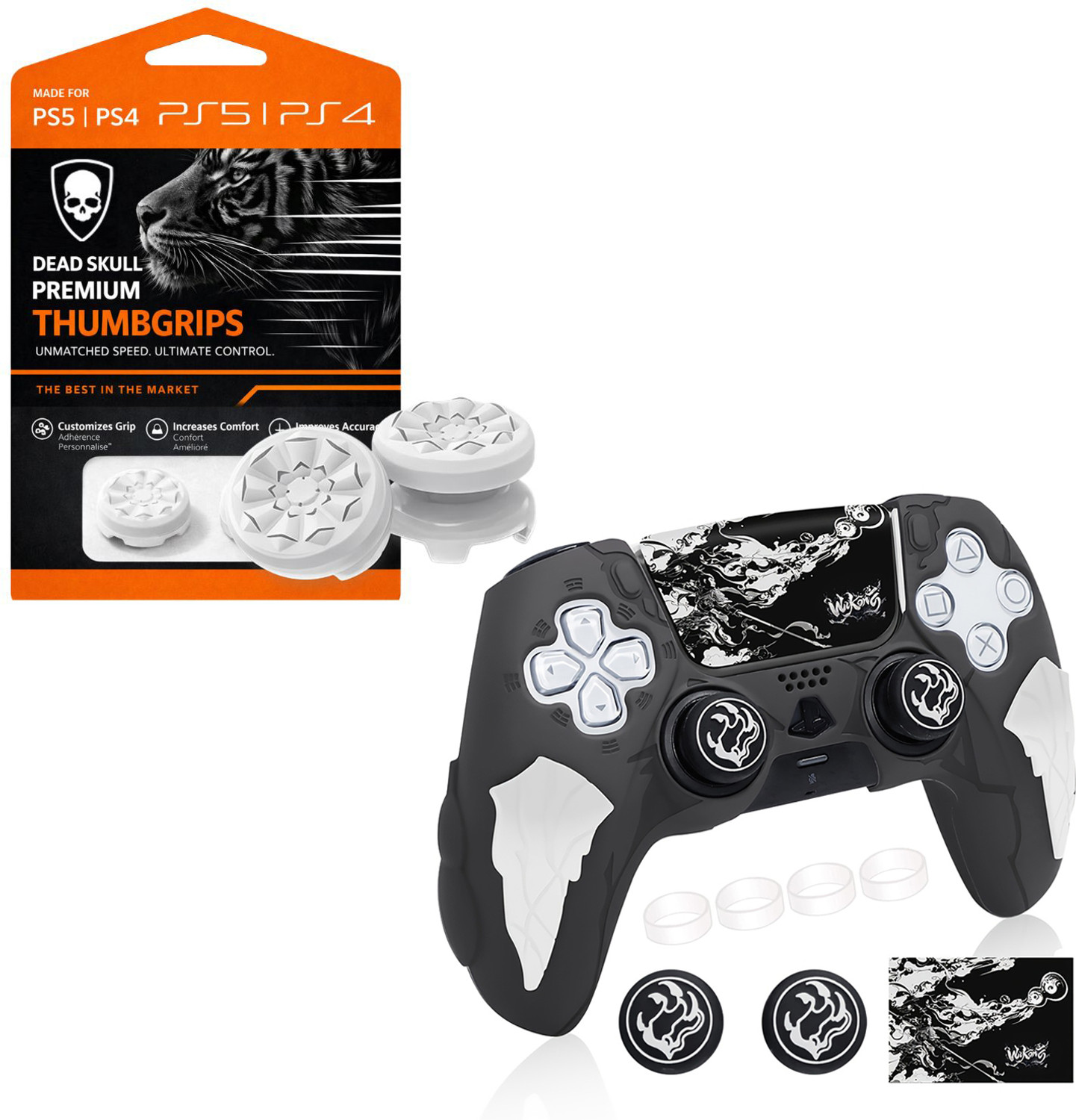 Image of DEADSKULL Thunder Edition Black & White Silicone Controller Sleeve + White FPS Thumbstick Gaming Accessory Kit