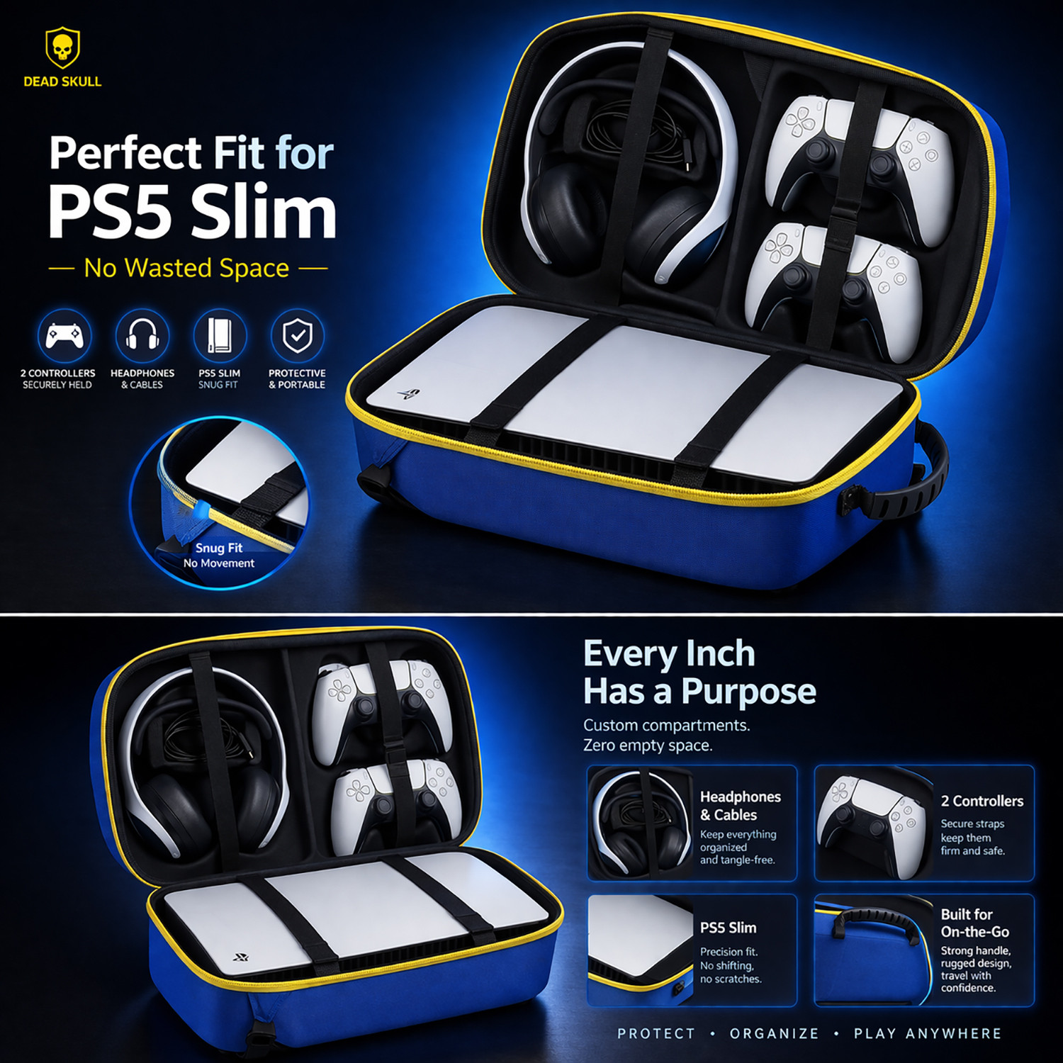 Image of DEADSKULL Blue Hard Shell Backpack Travel Carrying Case for PS5 Slim Disc & Digital Gaming Accessory Kit
