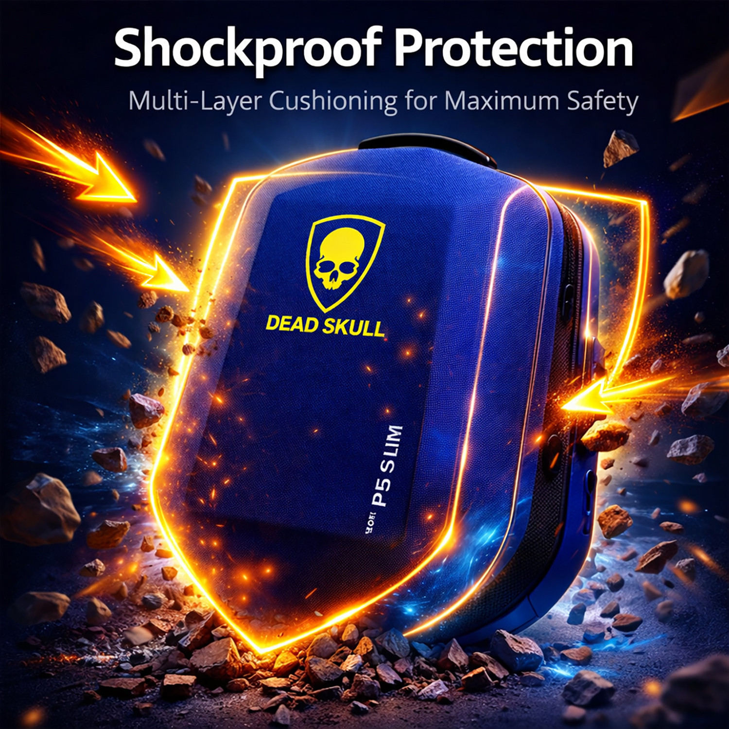 Image of DEADSKULL Blue Hard Shell Backpack Travel Carrying Case for PS5 Slim Disc & Digital Gaming Accessory Kit