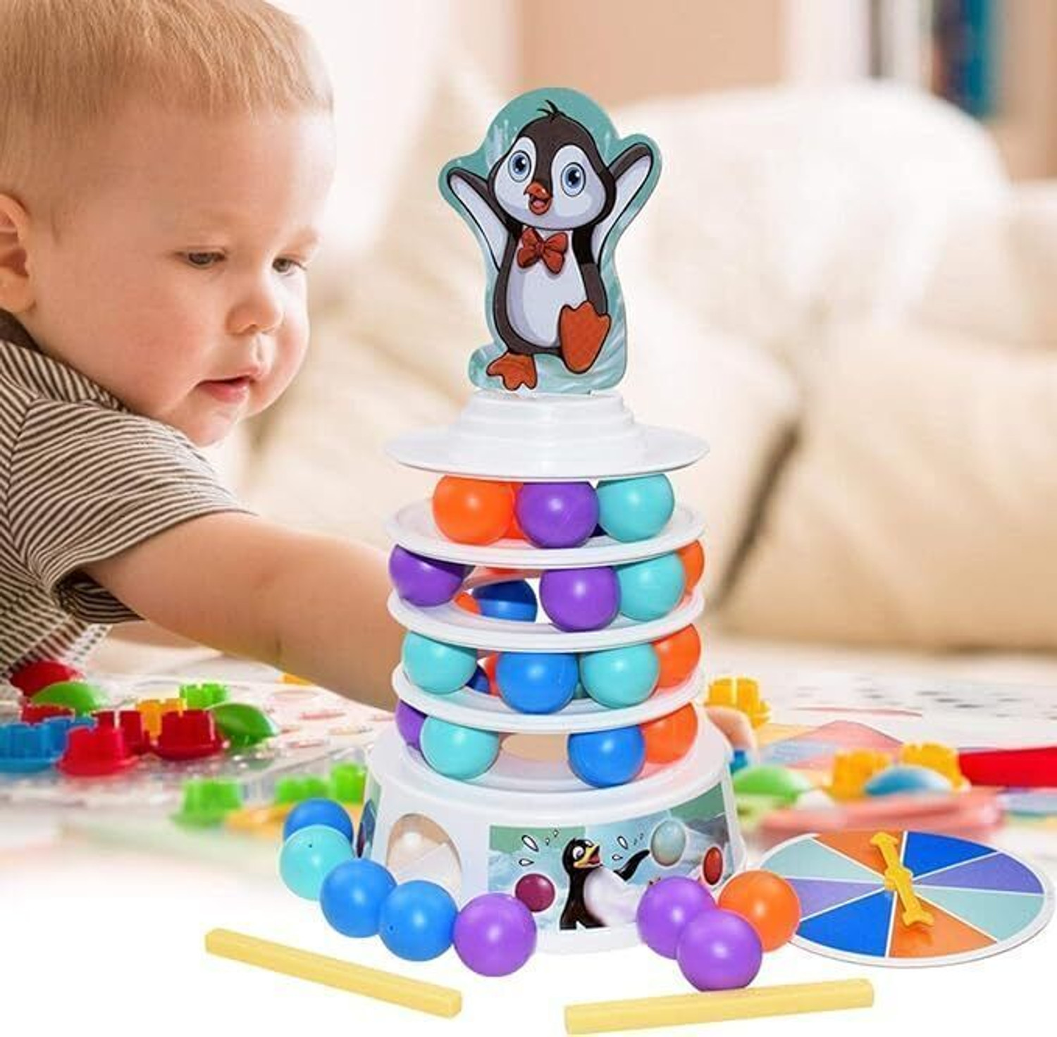 Image of Tsuwezi Penguin Tabletop Tower Falling Ball Game, Interactive Desktop Toy for Kids Gaming Accessory Kit
