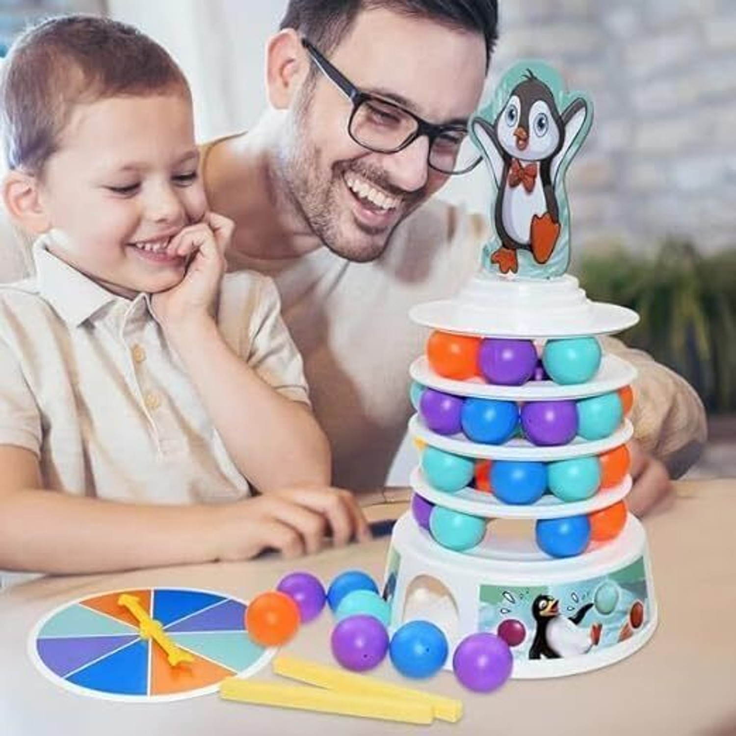 Image of Tsuwezi Penguin Tabletop Tower Falling Ball Game, Interactive Desktop Toy for Kids Gaming Accessory Kit