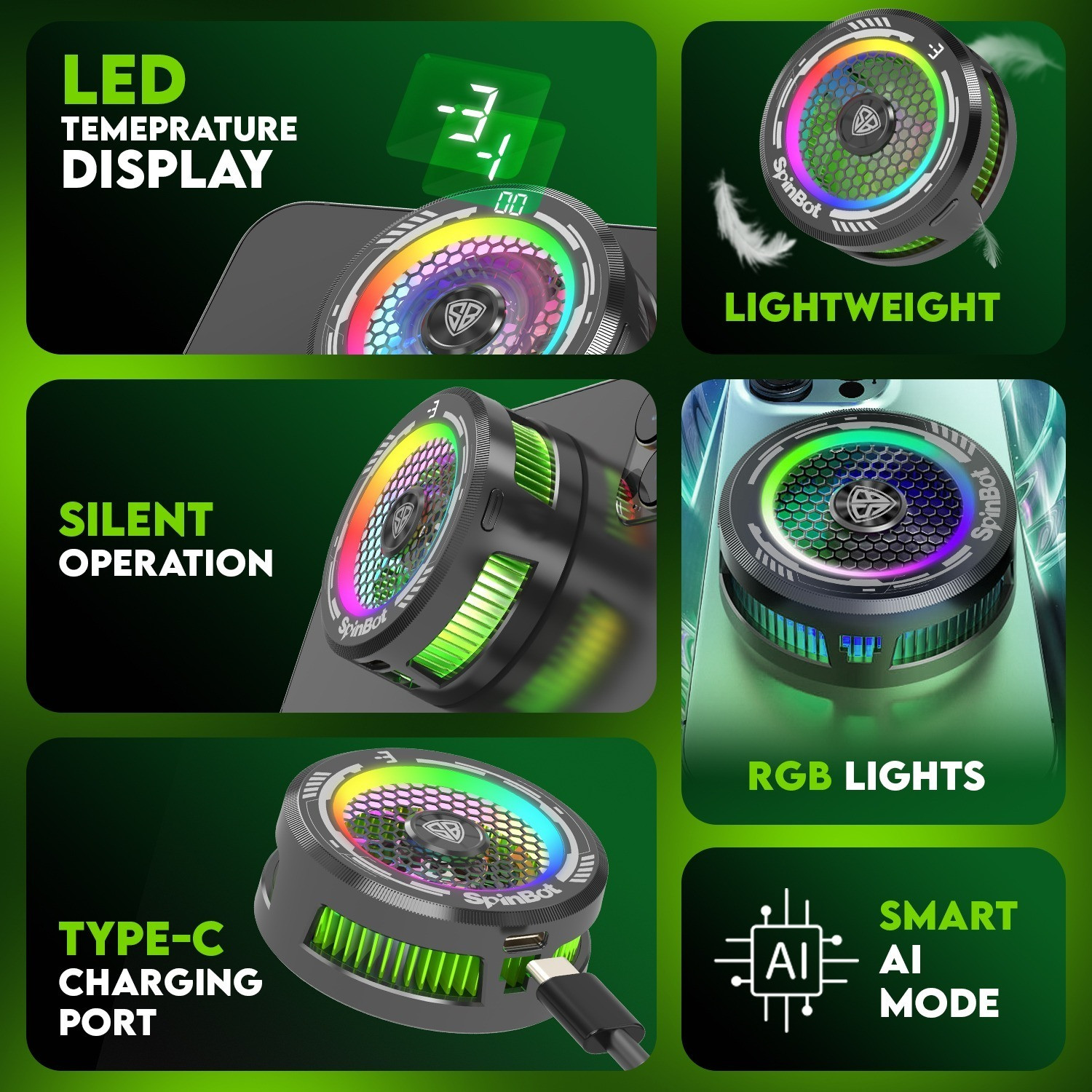 Image of SpinBot IceDot MAG V1 semiconductor Magnetic Mobile Cooler |15W | RGB Lights| with Clip Gaming Accessory Kit