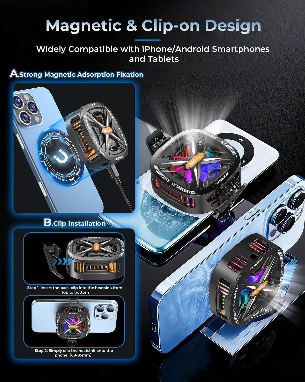 Image of Besecou Coolpluse Instant Mobile Cooler with Radiator Cooling, Temp Display, Gaming Fan Gaming Accessory Kit