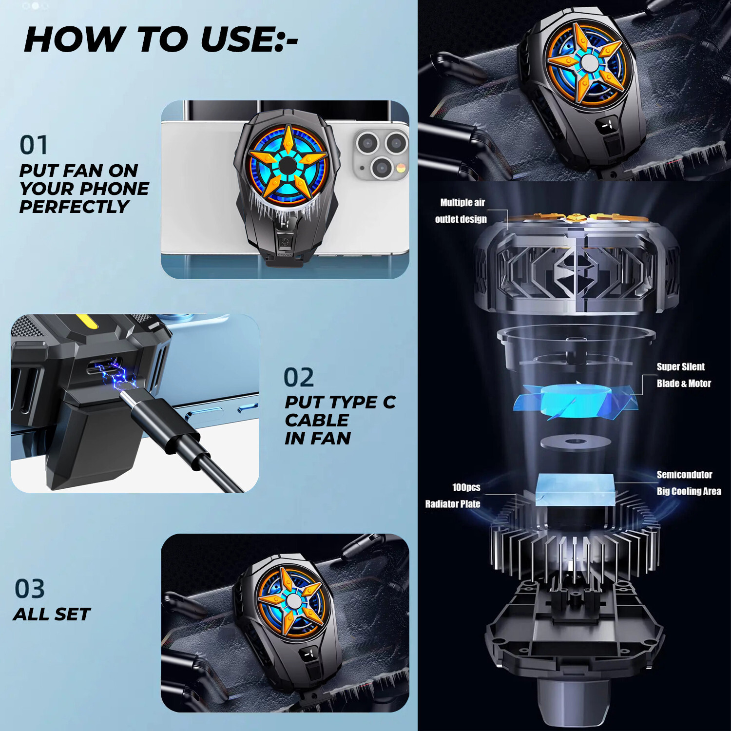 Image of MOBIZAC SL09 Mobile Cooling Radiator Fan for Gaming for Long Filming Mobile Cooler Fan Gaming Accessory Kit