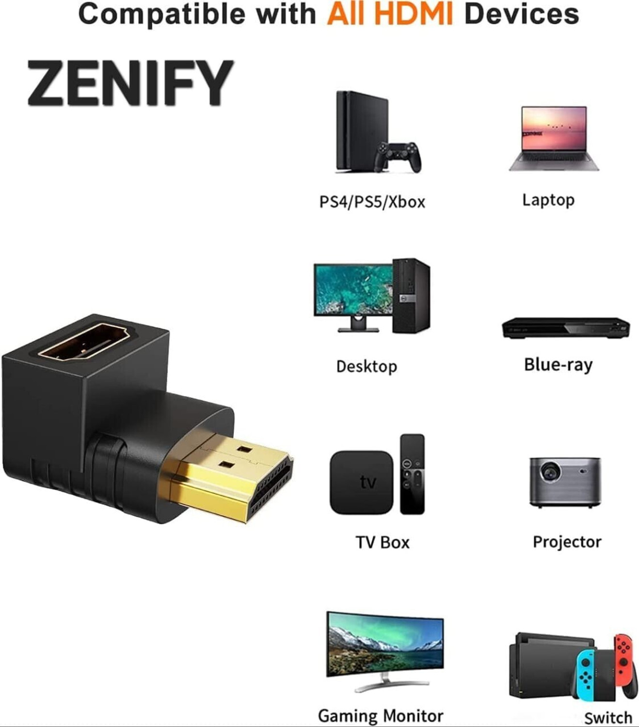 Image of ZENIFY HDMI Male to Female Converter Connector Adapter 90 Degree L Shape Gaming Adapter