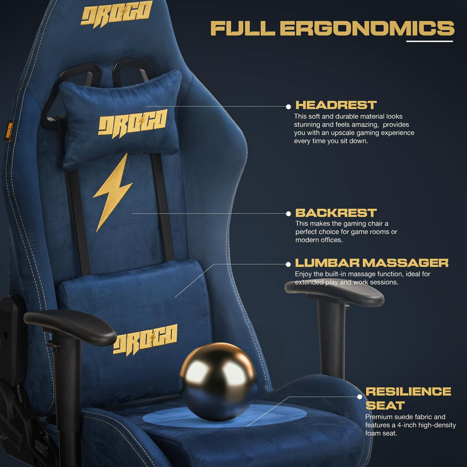 Image of Drogo Raptor Ergonomic Gaming Chair with Armrest,Footrest,Head&Massager Lumbar Pillow Gaming Chair