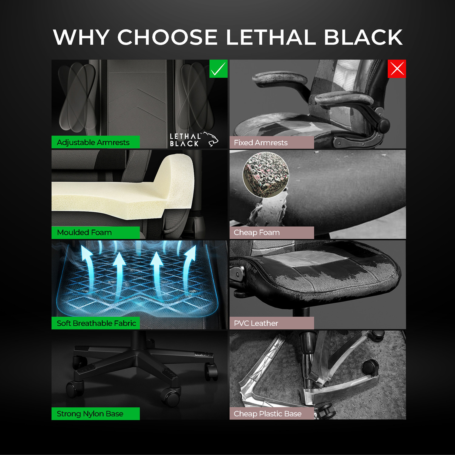 Image of Lethal Black Multipurpose Ergonomic Gaming Chair with Footrest , Breathable Fabric Gaming Chair