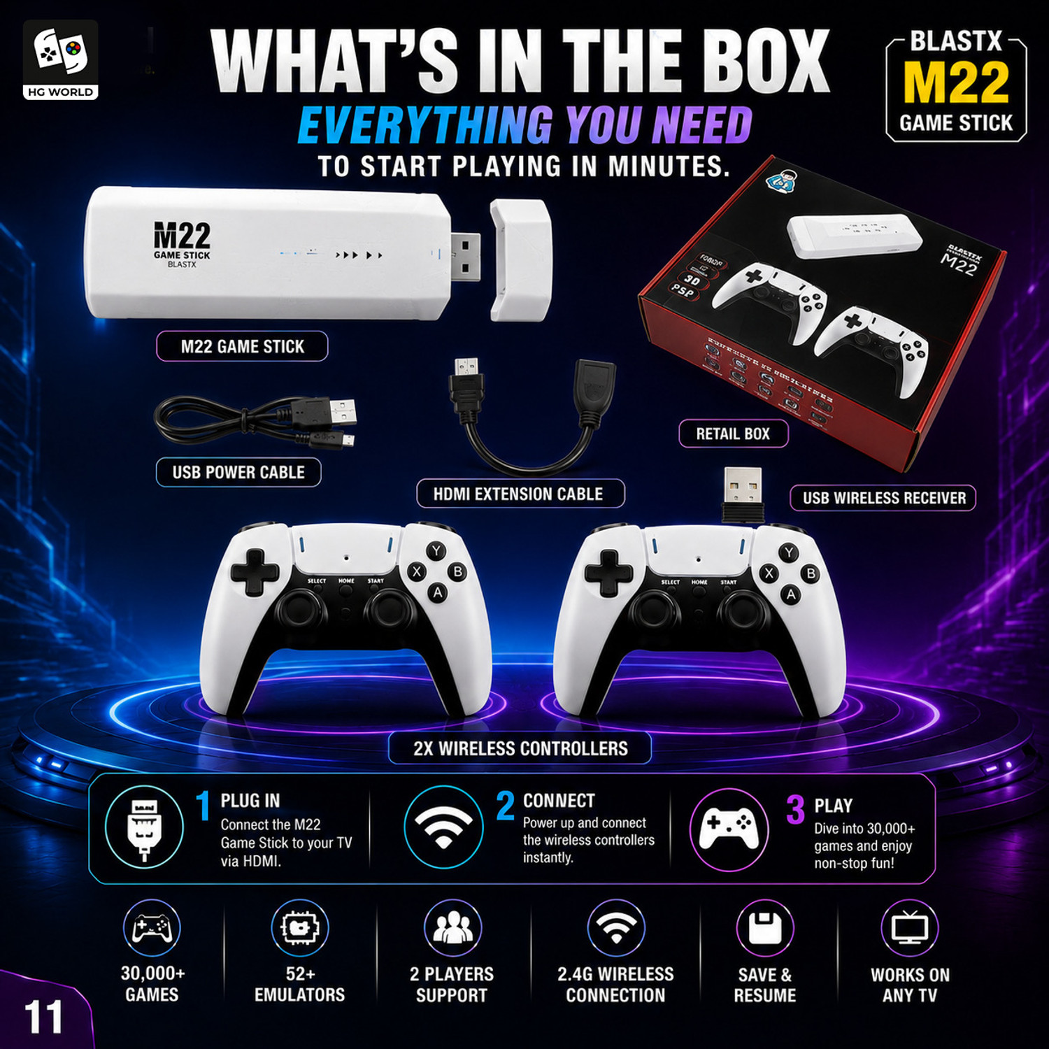 Image of HG WORLD M22 Retro Gaming Console with 2.4G Dual Wireless Gamepad Game stick 52+ Emulator, 64 GB with 30000+ Remote Video Games for Kids, God of War, GTA, Mario and More Games For TV