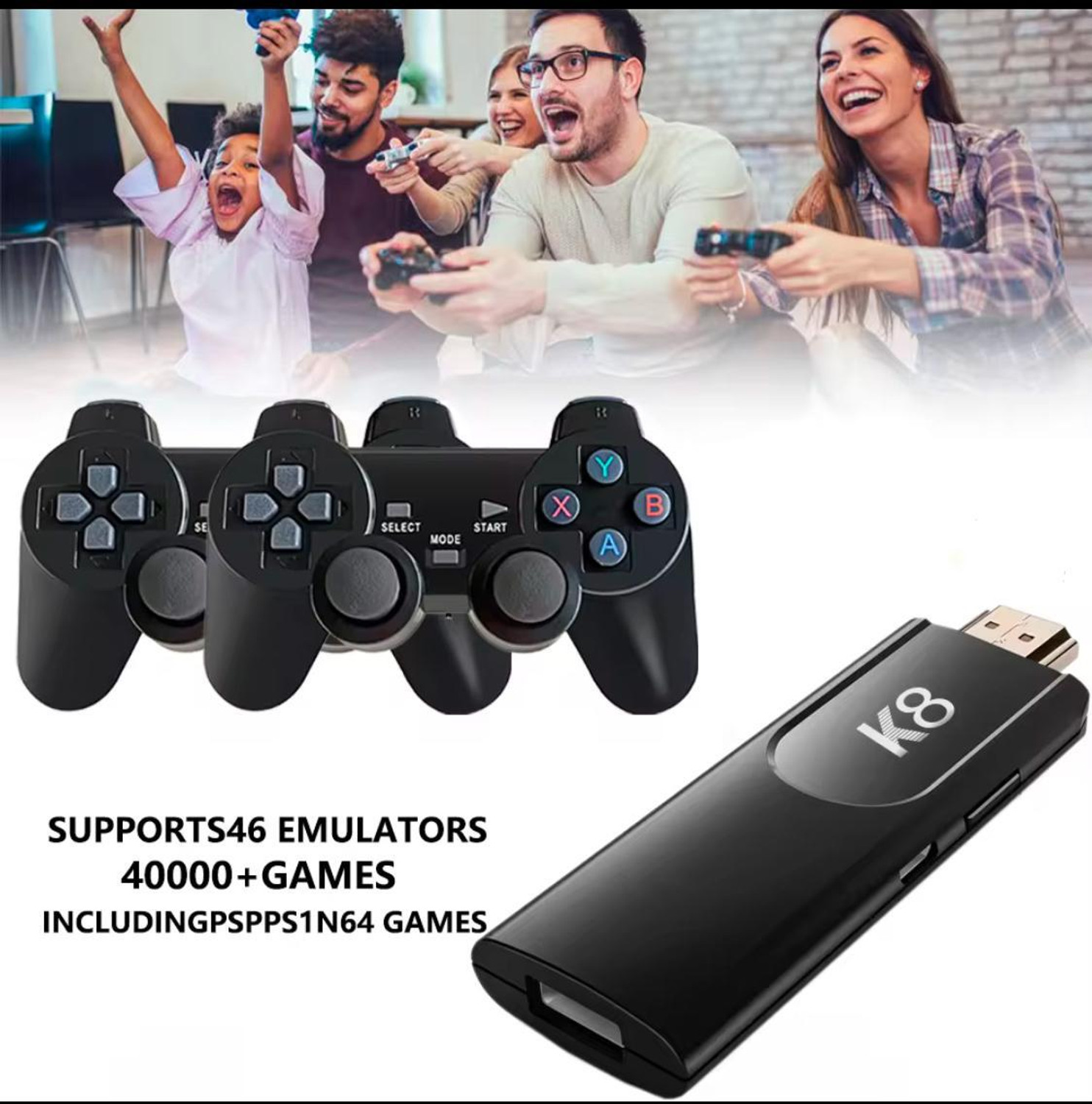 Image of Playtastic K8 Game Stick 40000+ Inbuilt Games 64 GB with Retro Classic 3D video game console with, 2 Wireless Controllers (Black)