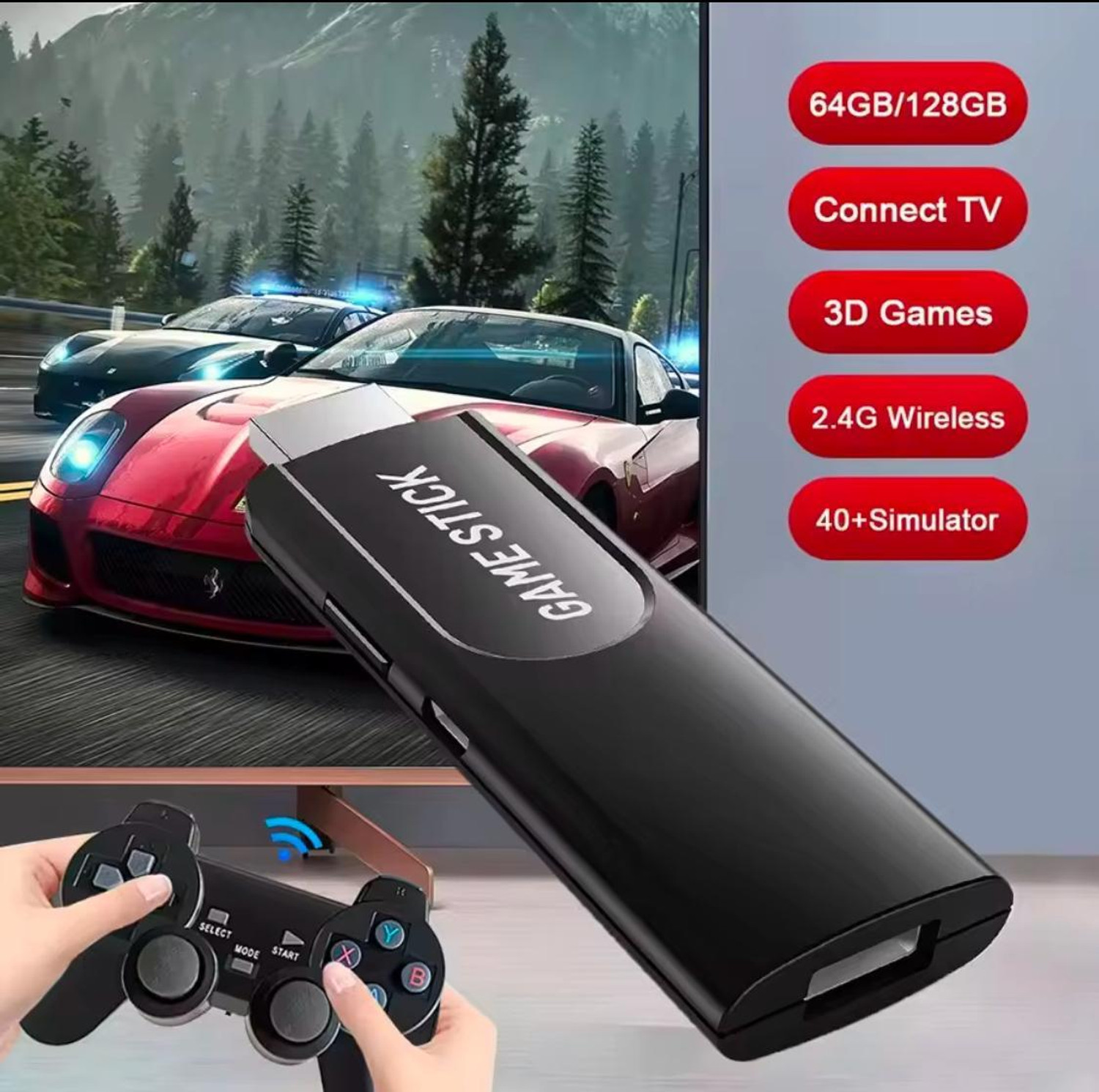 Image of Playtastic K8 Game Stick 40000+ Inbuilt Games 64 GB with Retro Classic 3D video game console with, 2 Wireless Controllers (Black)