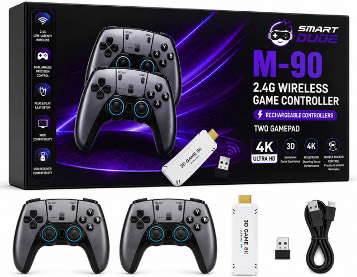 Playtastic M90 Retro Game Stick - Wireless HD, 52 Emulators, 25000+ Games 64 GB with Tekken, God Of War, 2 Rechargeable Wireless Controllers