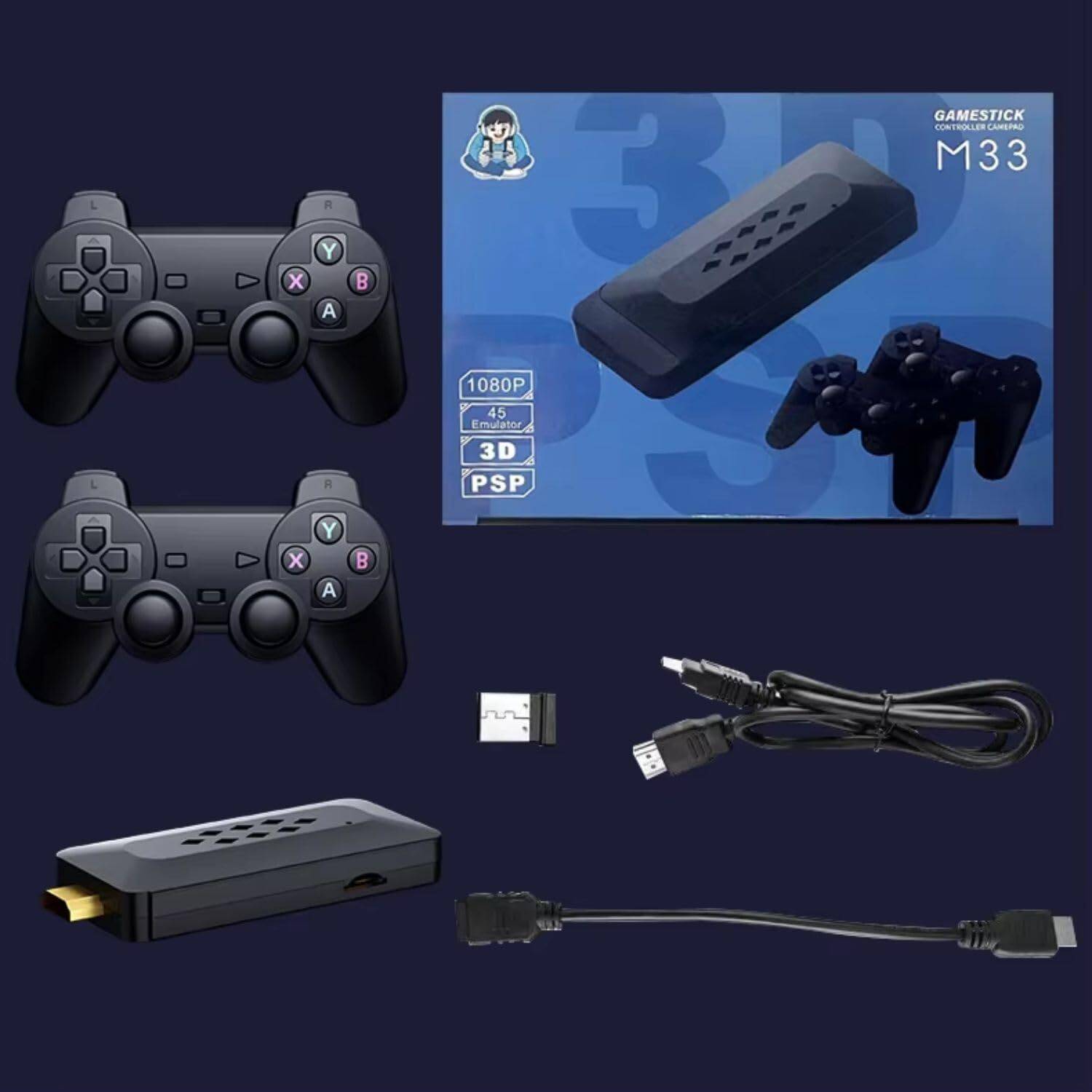 Playtastic M33 2.4G Wireless Game Stick with 4K 3D TV Output, 45 Emulators 64 GB with 30,000+ Games, 360° Universal Rocker, 2 Gamepads