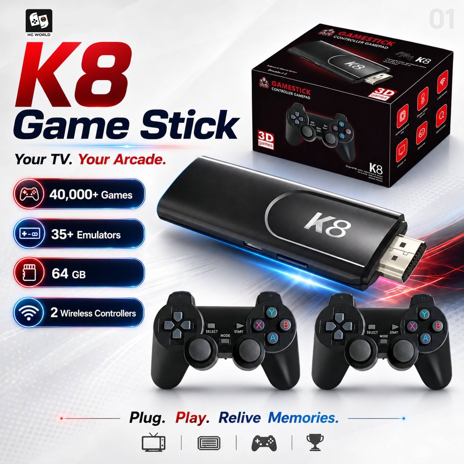 HG WORLD K8 Retro Game Stick Console with 2 ergonomic 2.4GHz Video Games For TV Wireless Gamepad Gaming Console for TV Video Game for Kids, 64 GB with 35+ Emulator, 40,000+ Games, Mini Video Game Hand TV