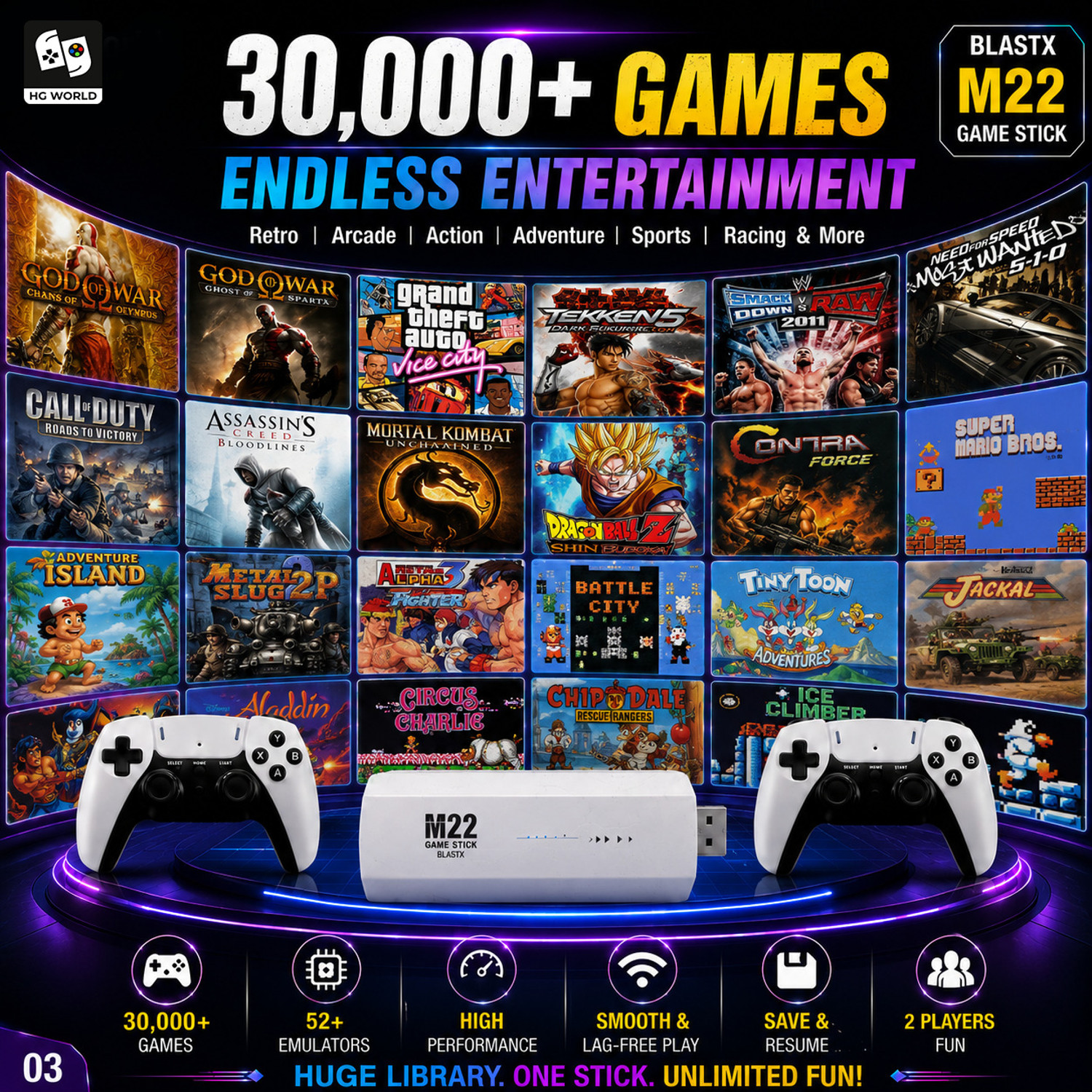 Image of HG WORLD M22 Retro Gaming Console with 2.4G Dual Wireless Gamepad Game stick 52+ Emulator, 64 GB with 30000+ Remote Video Games for Kids, God of War, GTA, Mario and More Games For TV
