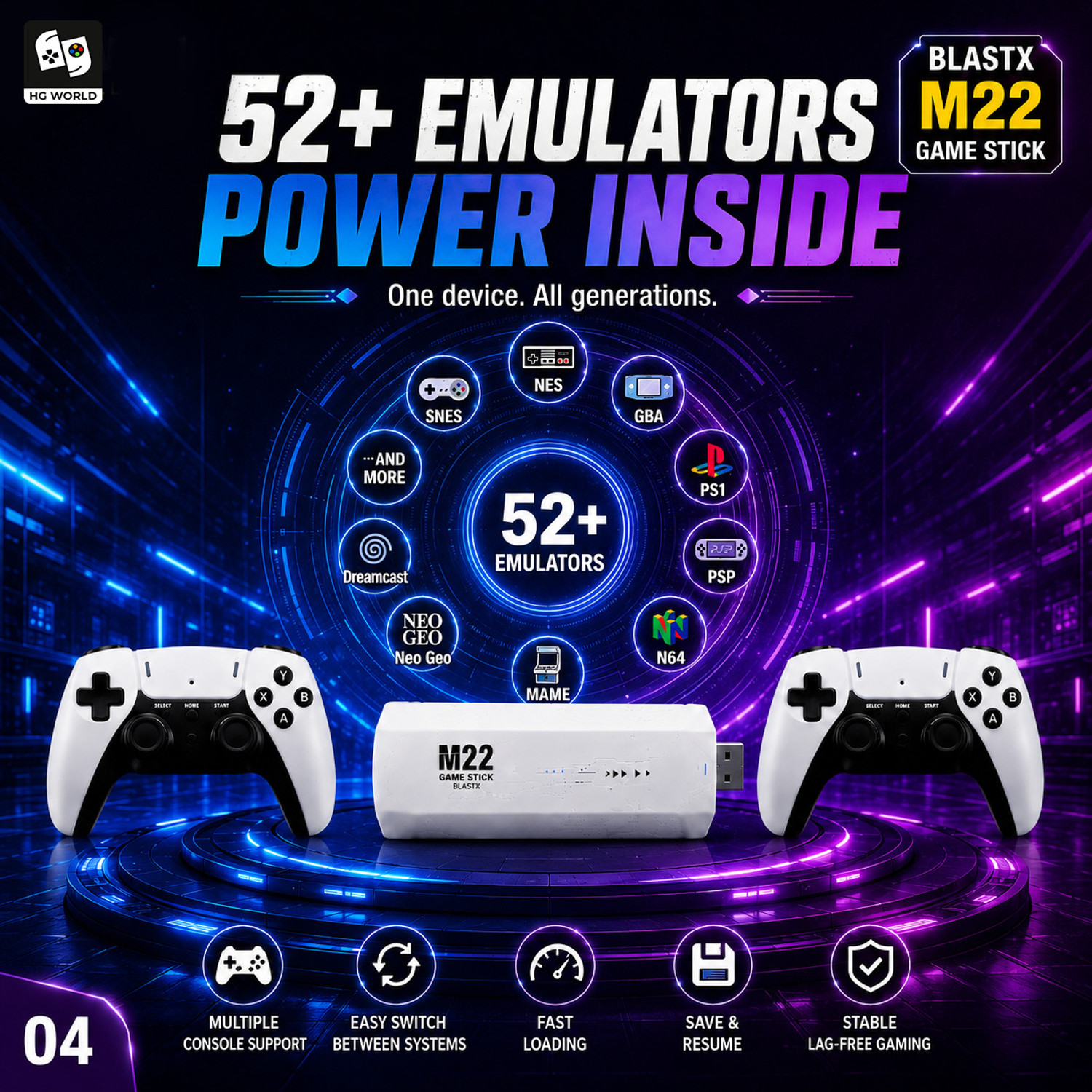 Image of HG WORLD M22 Retro Gaming Console with 2.4G Dual Wireless Gamepad Game stick 52+ Emulator, 64 GB with 30000+ Remote Video Games for Kids, God of War, GTA, Mario and More Games For TV