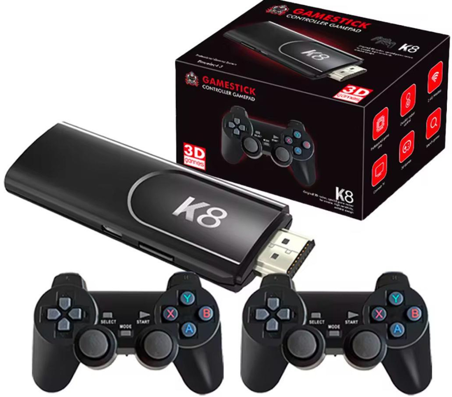 Image of Playtastic K8 Game Stick 40000+ Inbuilt Games 64 GB with Retro Classic 3D video game console with, 2 Wireless Controllers (Black)