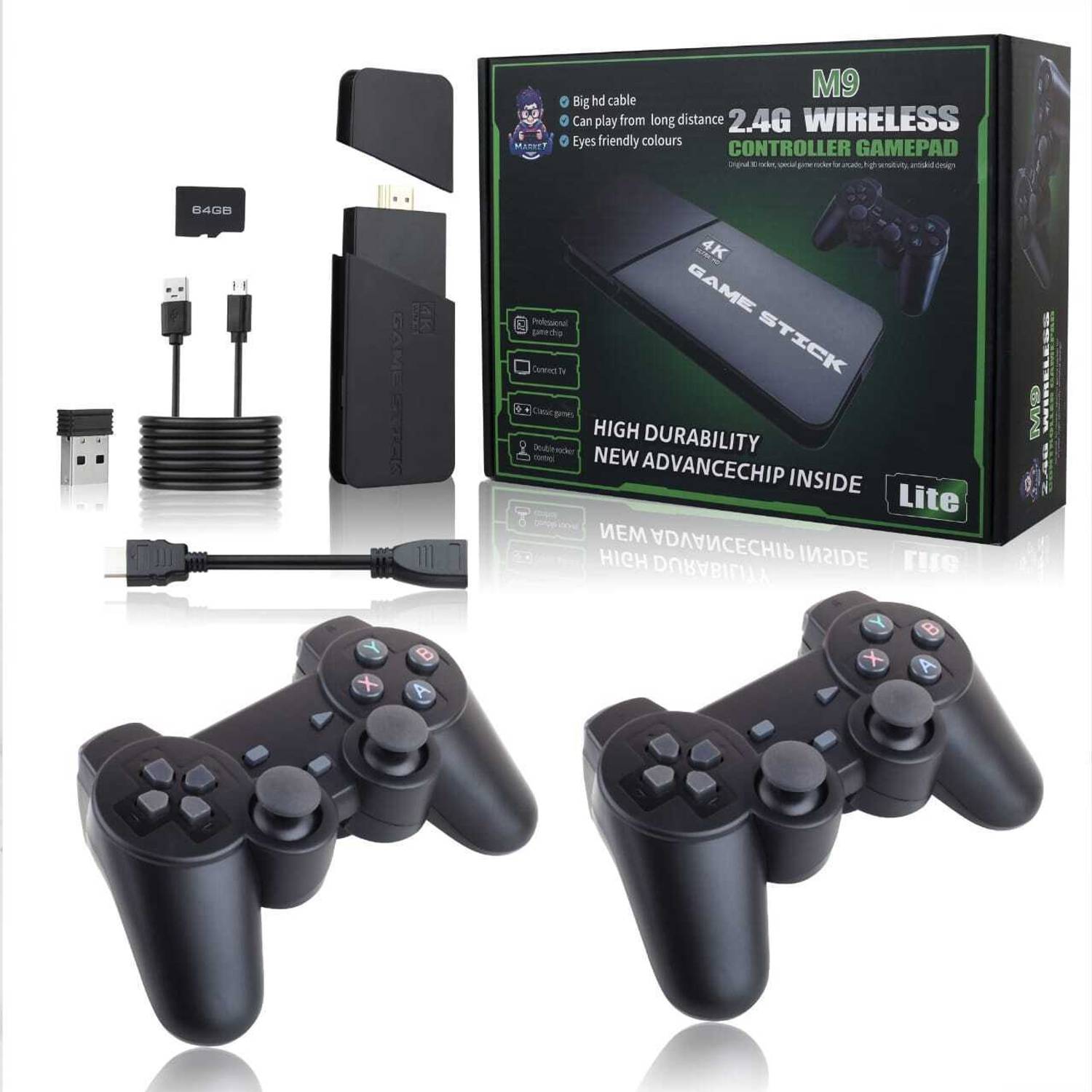 Playtastic M9 4K Ultra HD Game Stick 64 GB with 2 Wireless Controllers, with 10 Emulators 24000+ Games 2.4G Wireless