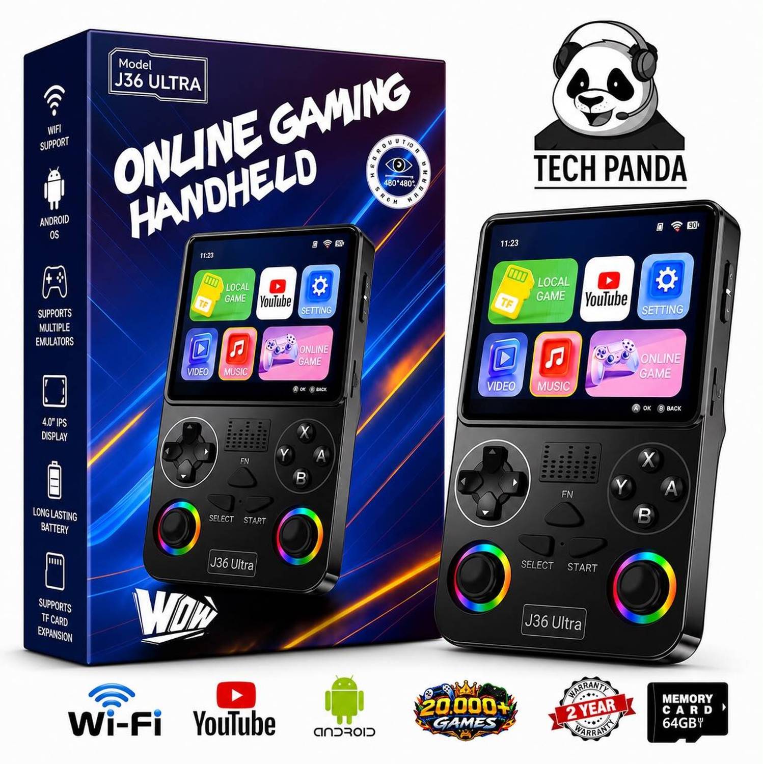 TECHPANDA J36 Ultra Retro Handheld Game Console | 20,000+Games | YOU TUBE | WiFi | 8 Hour 64 GB with 20000+ Classic Games, Retro Games, Arcade Games