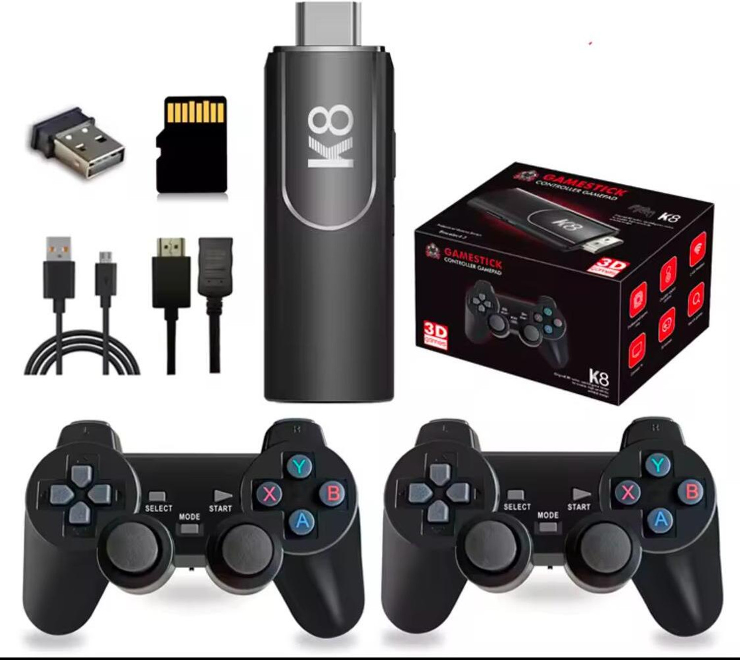Image of Playtastic K8 Game Stick 40000+ Inbuilt Games 64 GB with Retro Classic 3D video game console with, 2 Wireless Controllers (Black)