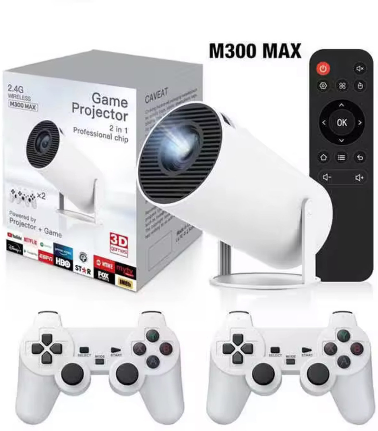 Image of Playtastic M300 Max Retro Video Game Console 64 GB with Android 11 System Mini Portable Intelligent Projector, 2 Wireless Controllers