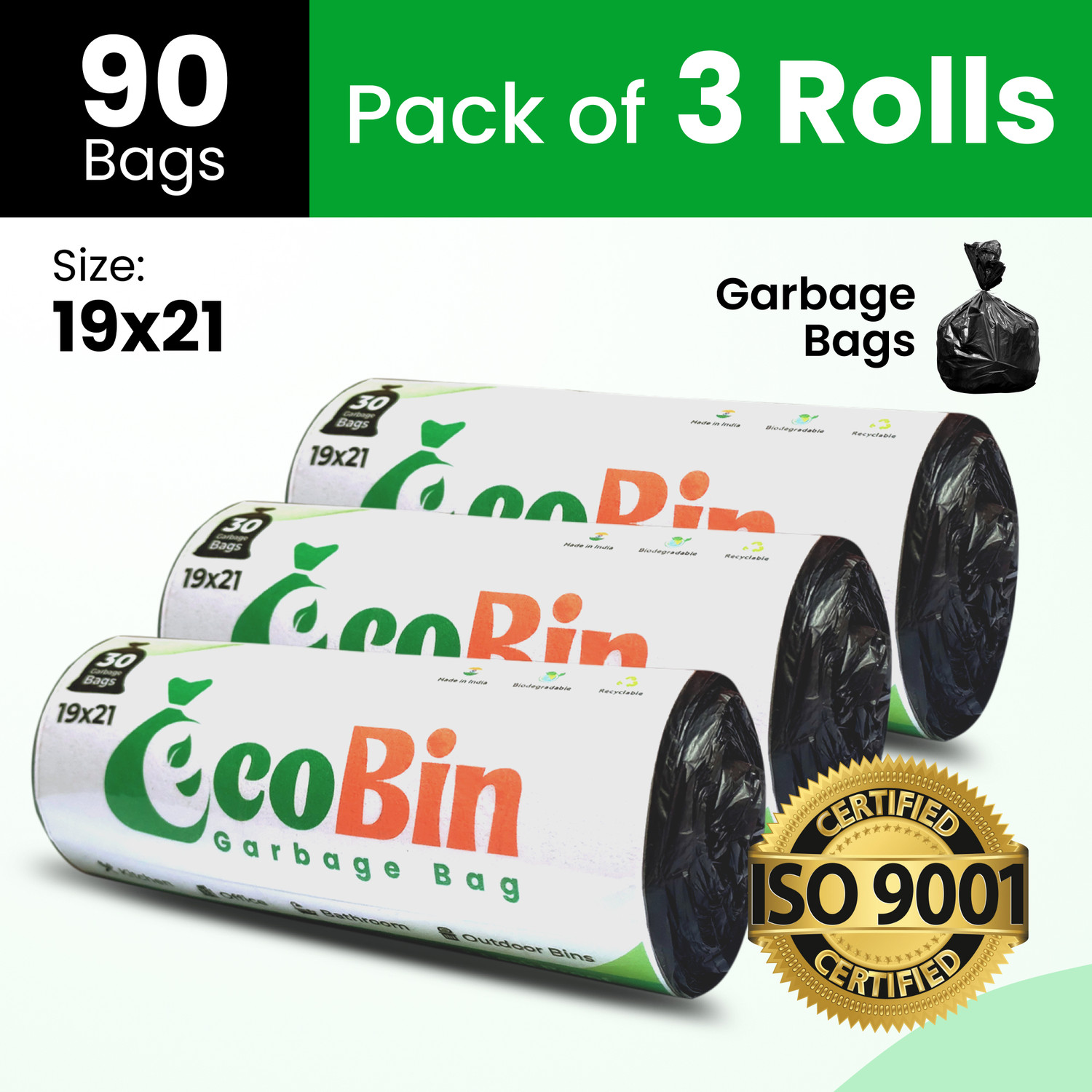 Image of EcoBin Eco-Friendly Medium Garbage Bags: 19 inchx21 inch, 90 Bags (3 Rolls) for Home /Office Medium 8 L Garbage Bag Pack Of 3